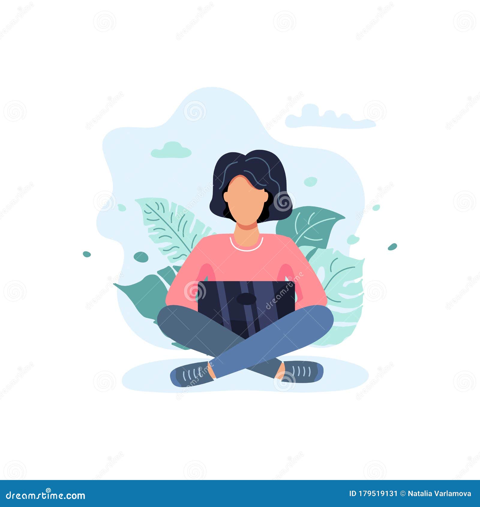 Female is Sitting and Working on Laptop Stock Vector - Illustration of ...