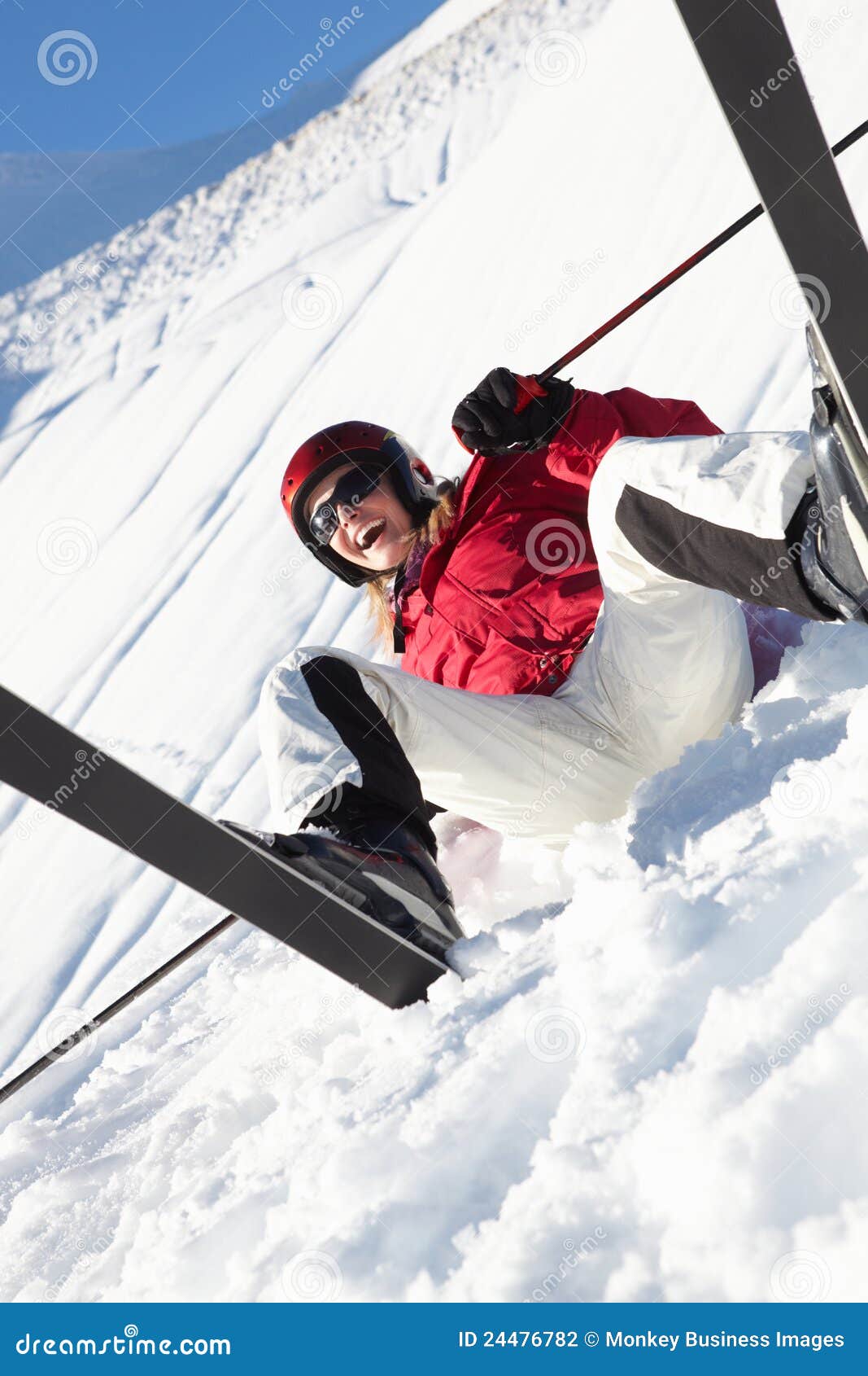 Female Skier Sitting in Snow with after Fall Stock Photo - Image of ...