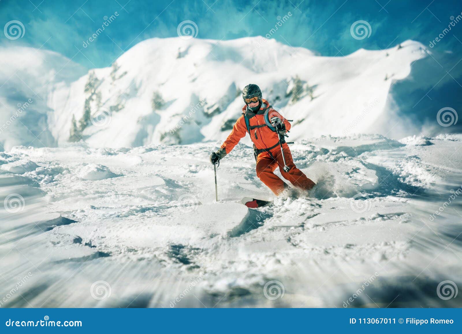 Female Skiers Dynamic Ride in Deep Snow Stock Image Image of