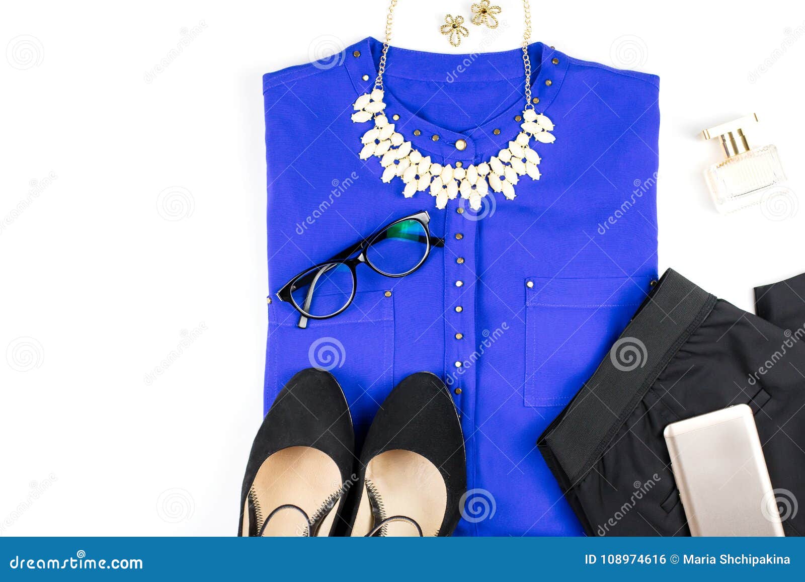 Female Smart Casual Style Clothing and Accessories -purple Shirt, Black  Pants, Fashion Accessories. Stock Photo - Image of pastel, gold: 108974616