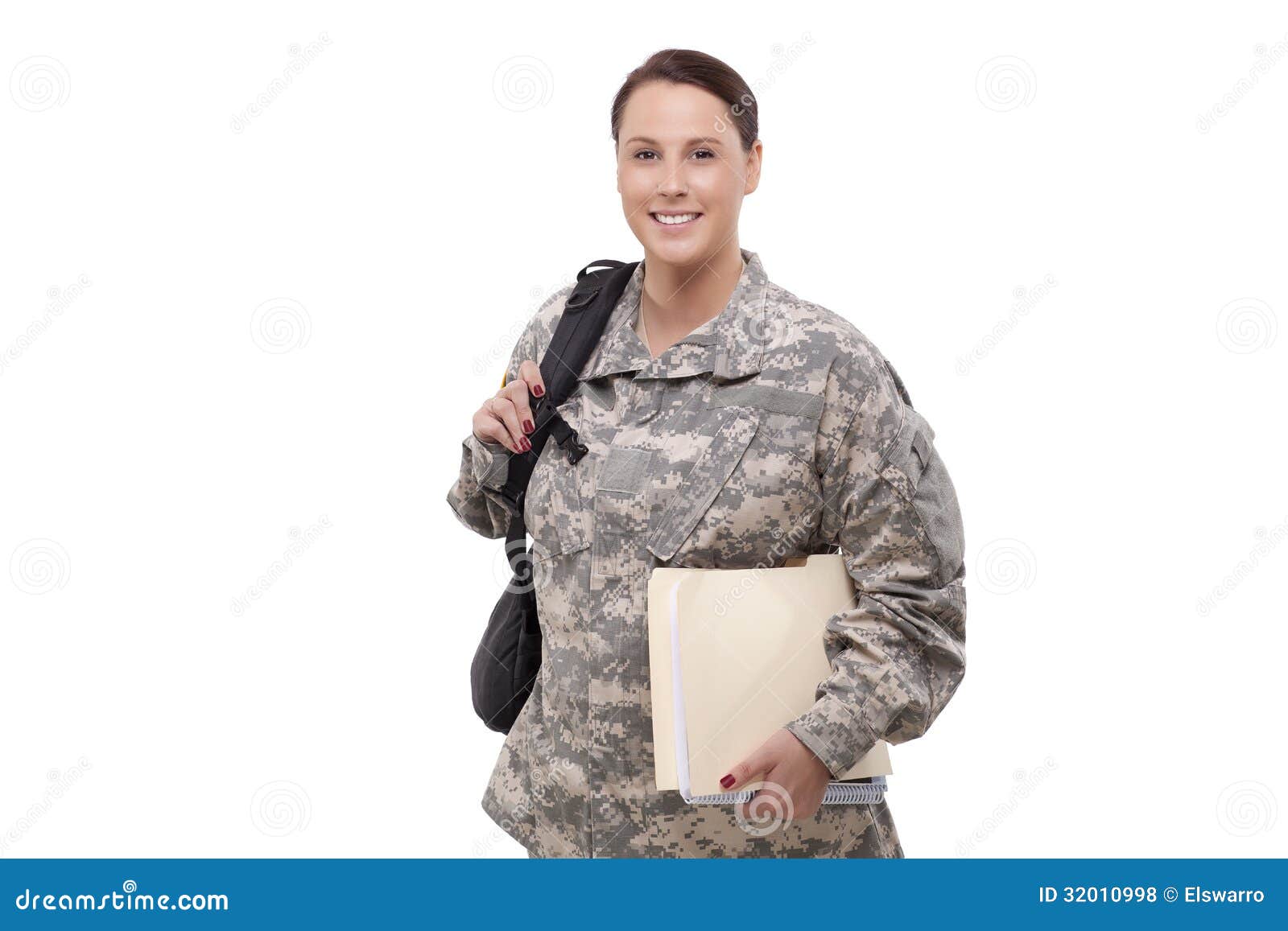 female soldier with documents and backpack