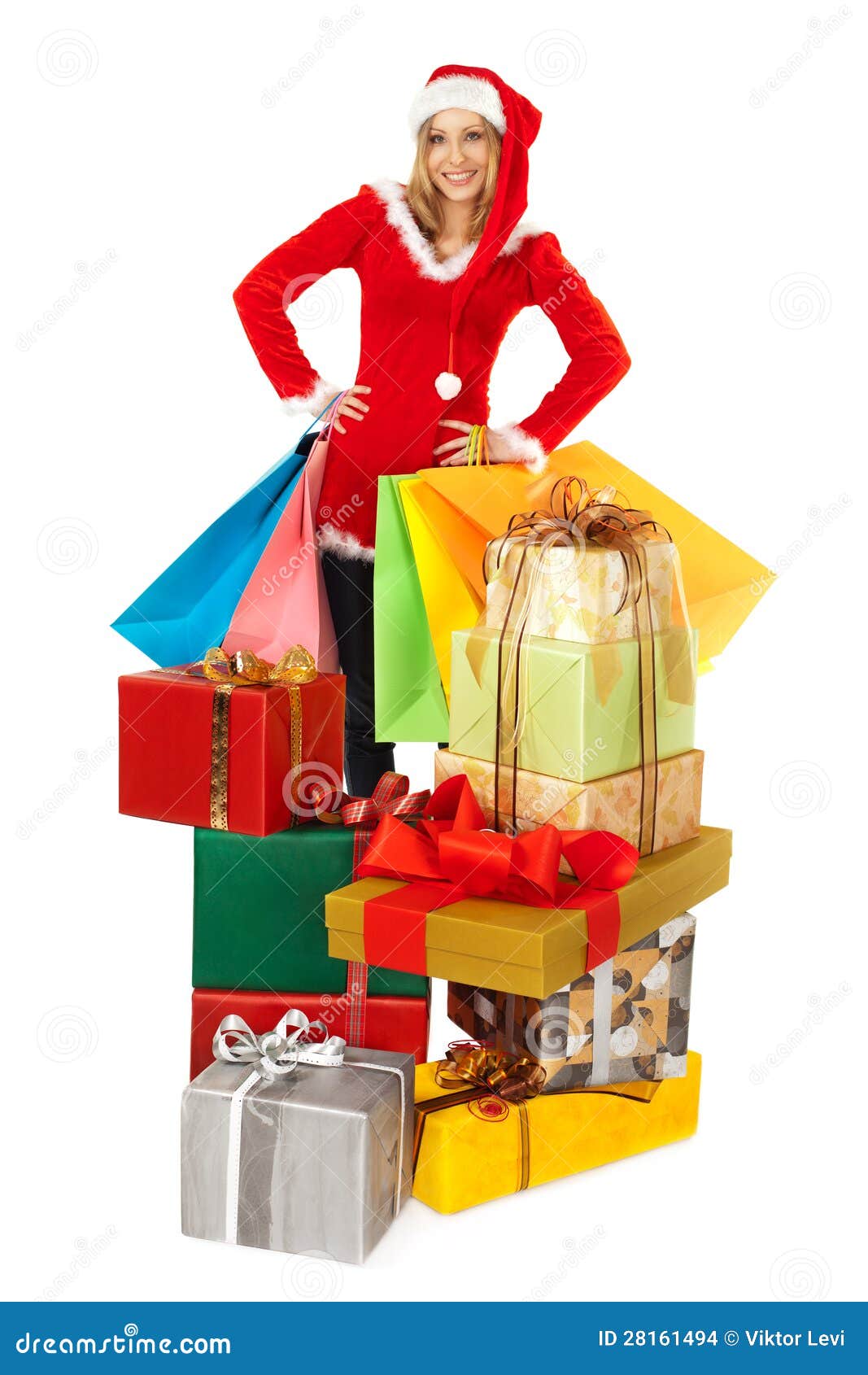 Female Standing Behind Pile of Christmas Presents Stock Photo Image