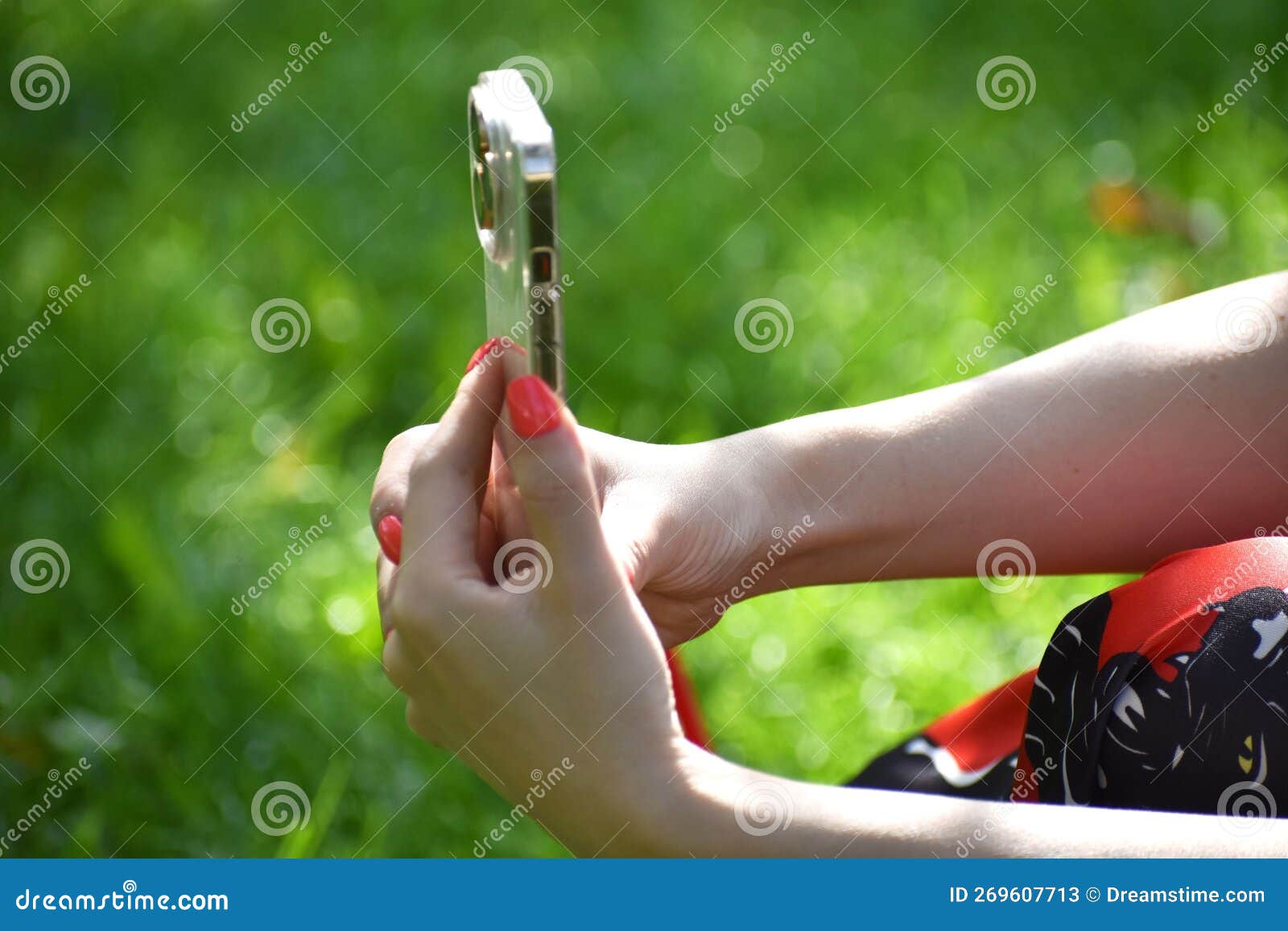 Female Taking A Selfie While Sitting On The Grass Stock Image Image Of Summer Girl 269607713