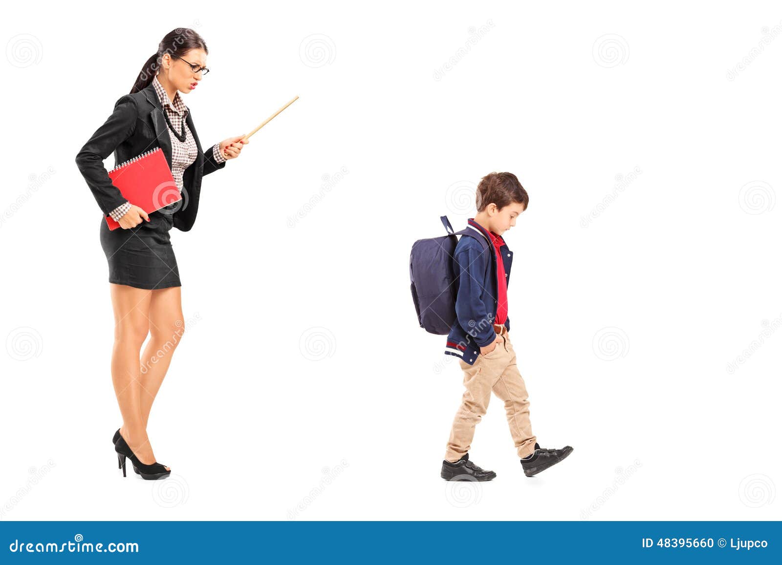 Female teacher disciplining a schoolboy isolated on white background