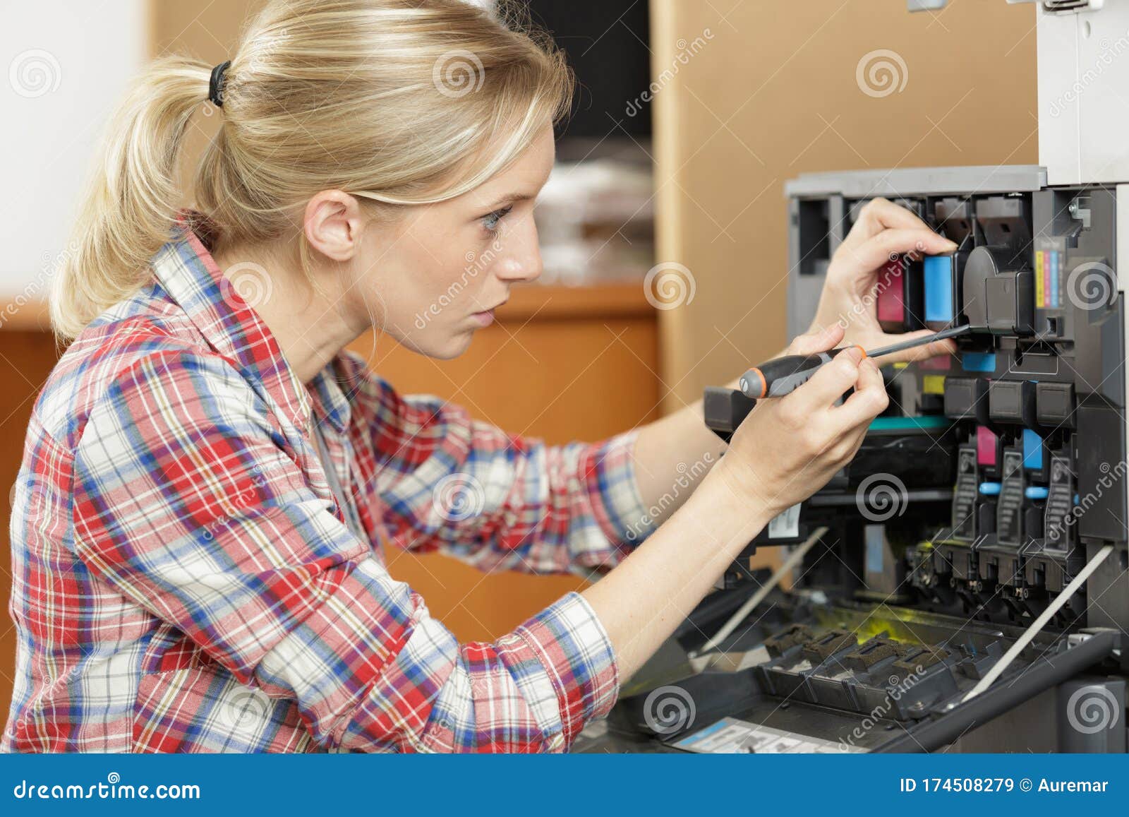 Female Technician Fixing Printer Stock Image Image of smiling