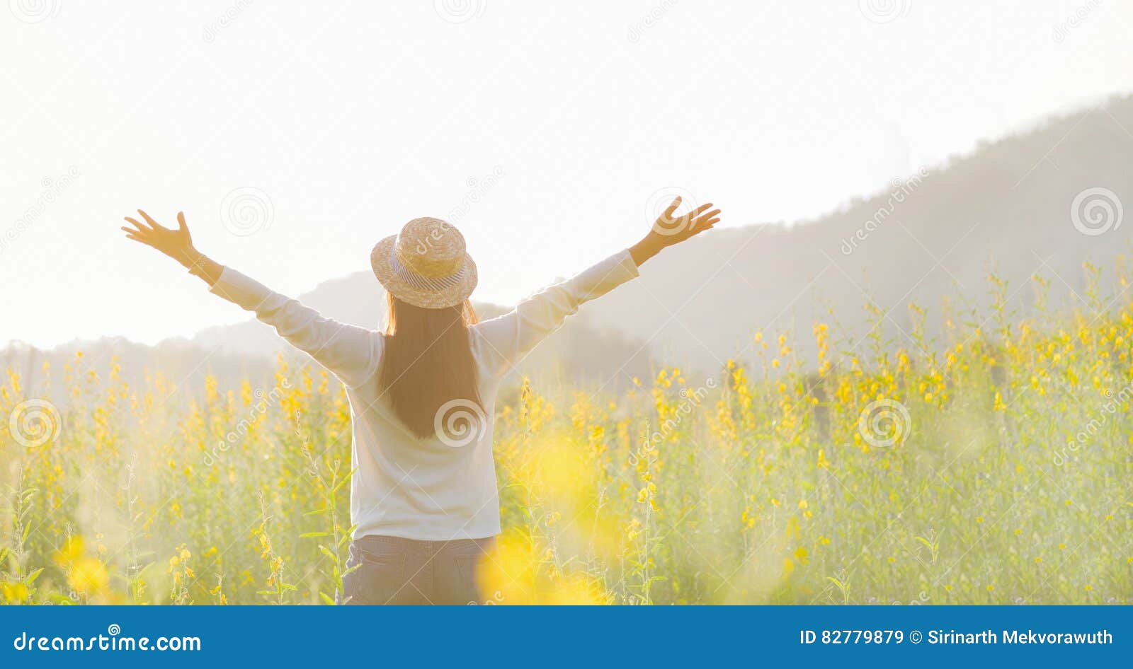 female teen girl stand feel freedom and relaxation travel outdoor.