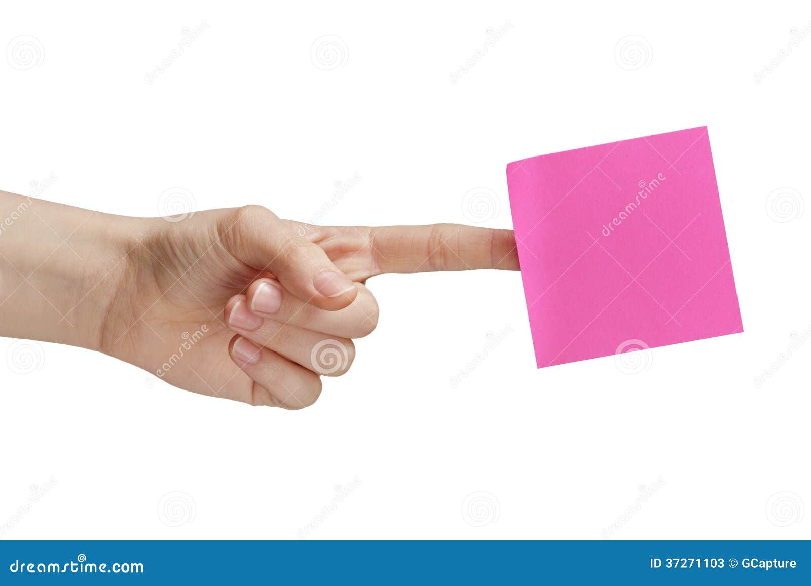 Female teen hand holding purple sticky note, isolated on white