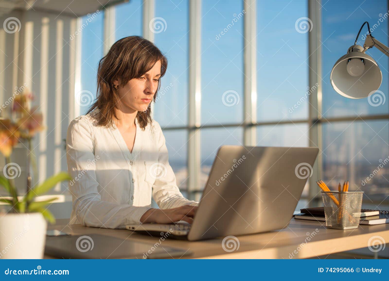 female teleworker texting using laptop and internet, working online. freelancer typing at home office, workplace.