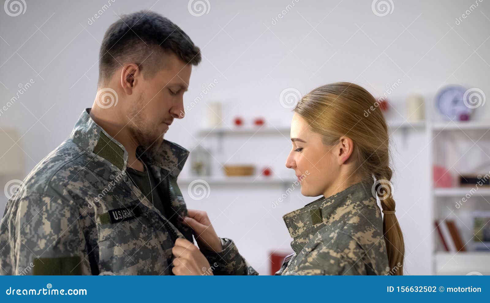 Female US Soldier Helping To Wear Uniform Military Boyfriend Tender  Relationship Stock Photo - Image of cheerful, hero: 156632502