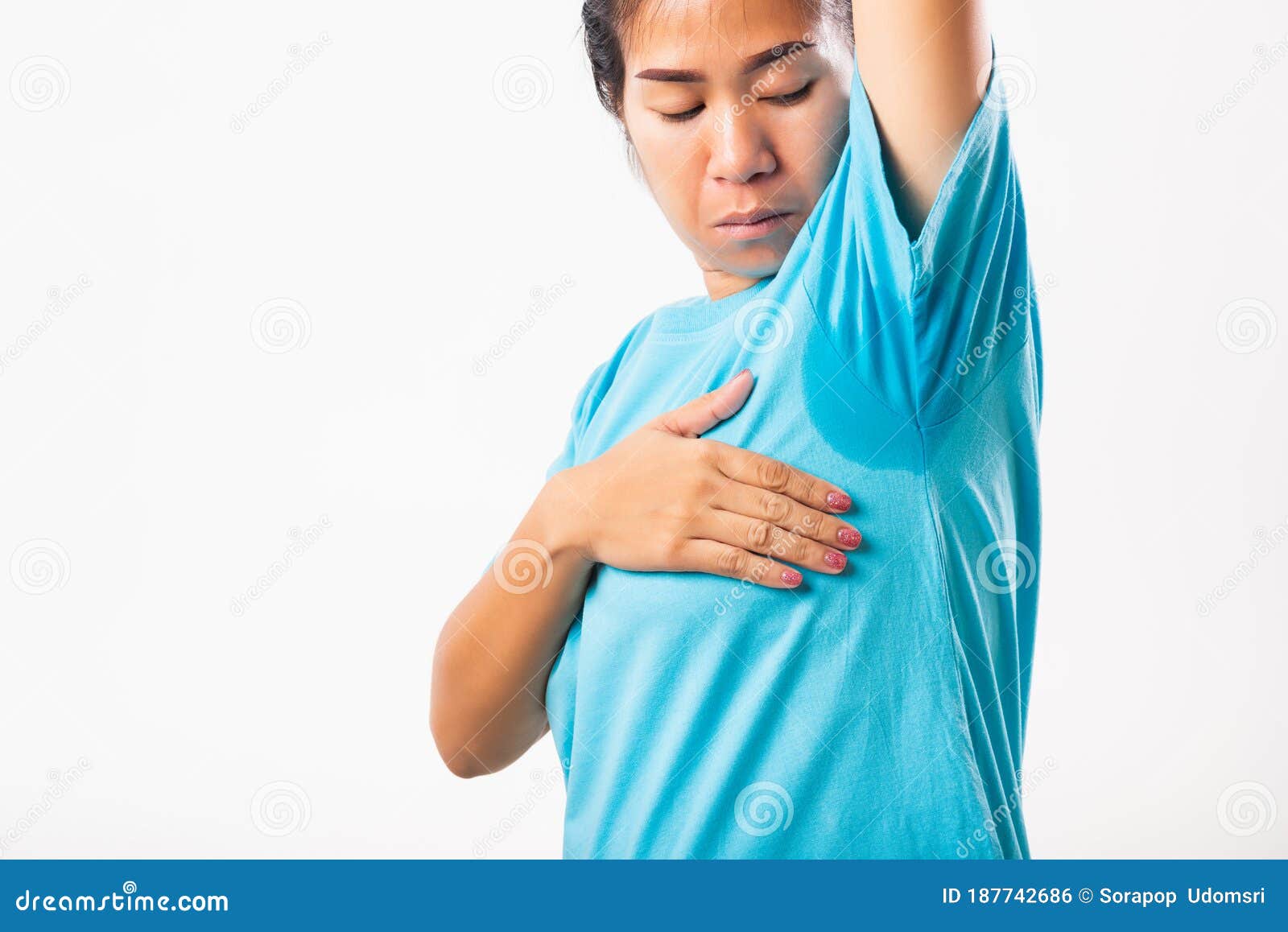 Female Very Badly Have Armpit Sweat Stain On Her Clothes Stock Photo