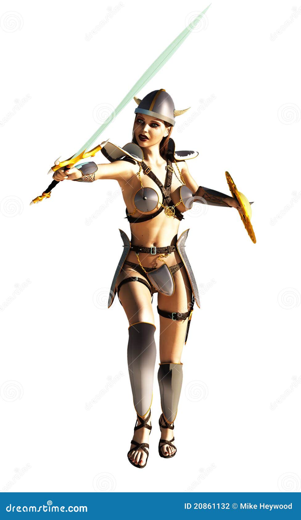 Female Warrior Knight Kneeling Proudly Wearing Decorative Metal Armor