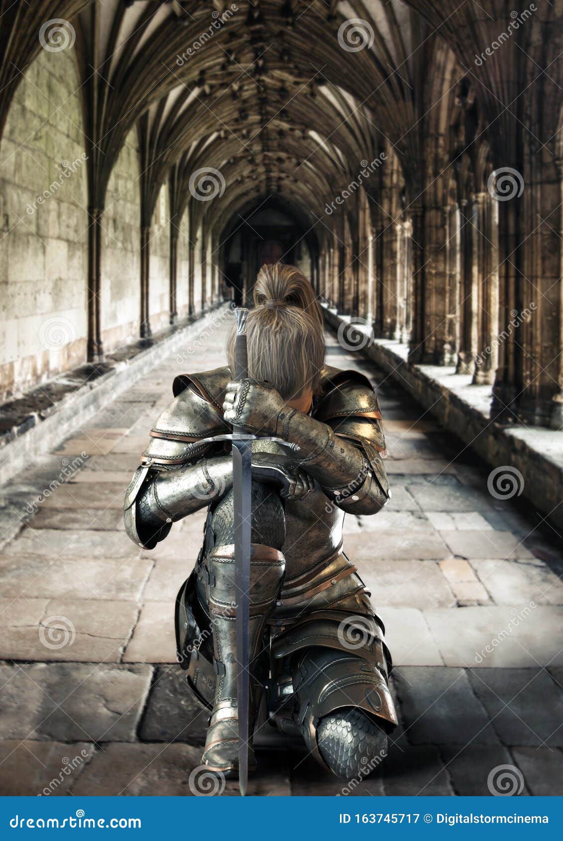Female Warrior Knight Kneeling Proudly Wearing Decorative Metal Armor