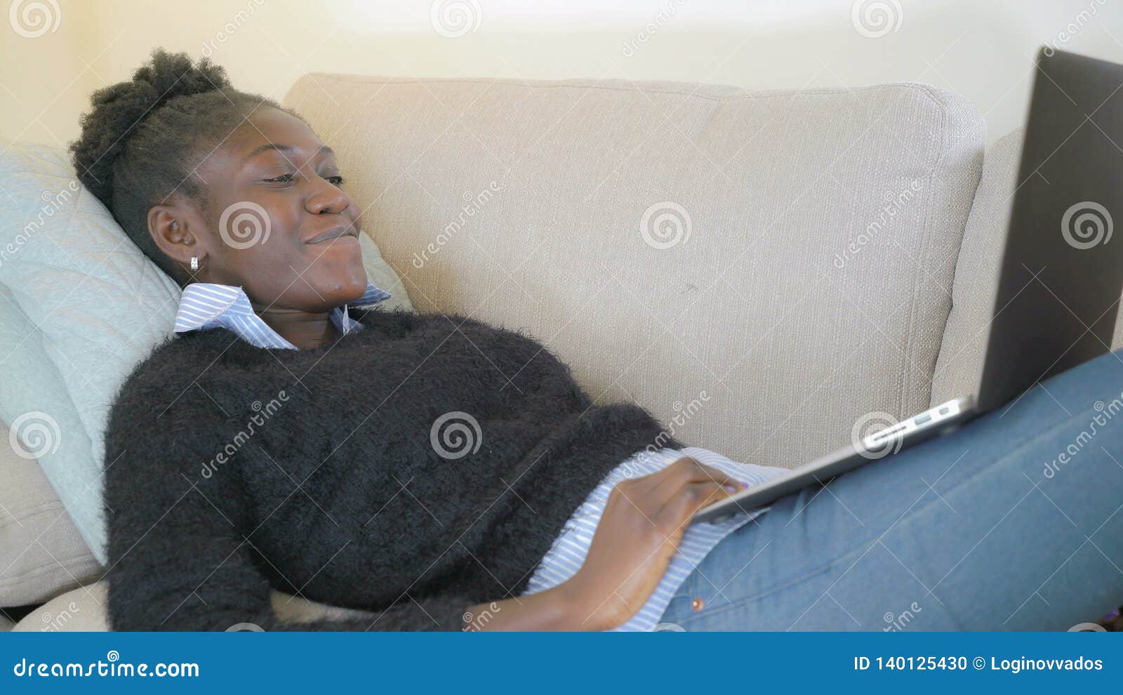 Female Watch Funny Video in Flat. Stock Photo - Image of happy, african: 140125430 Female Watch Funny Video in Flat. Stock Photo - Image of happy, african: 140125430