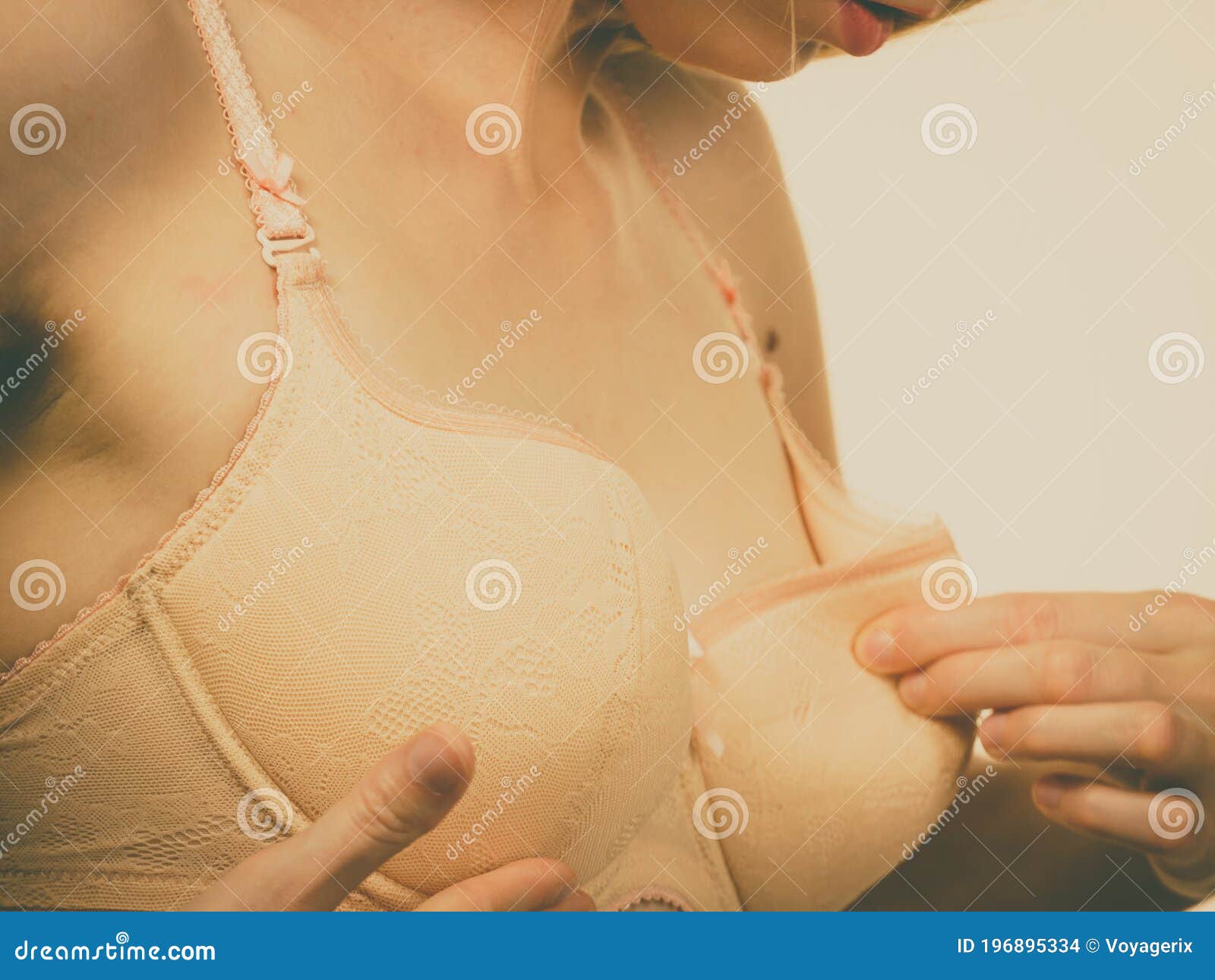 Slim Young Woman With Small Boobs Wearing Too Big Bra, Gaping Cups