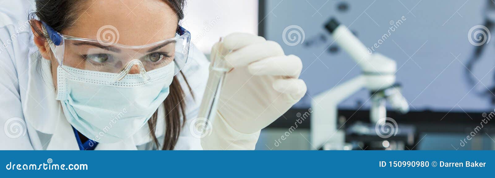 female woman research scientist with test tube in laboratory panorama