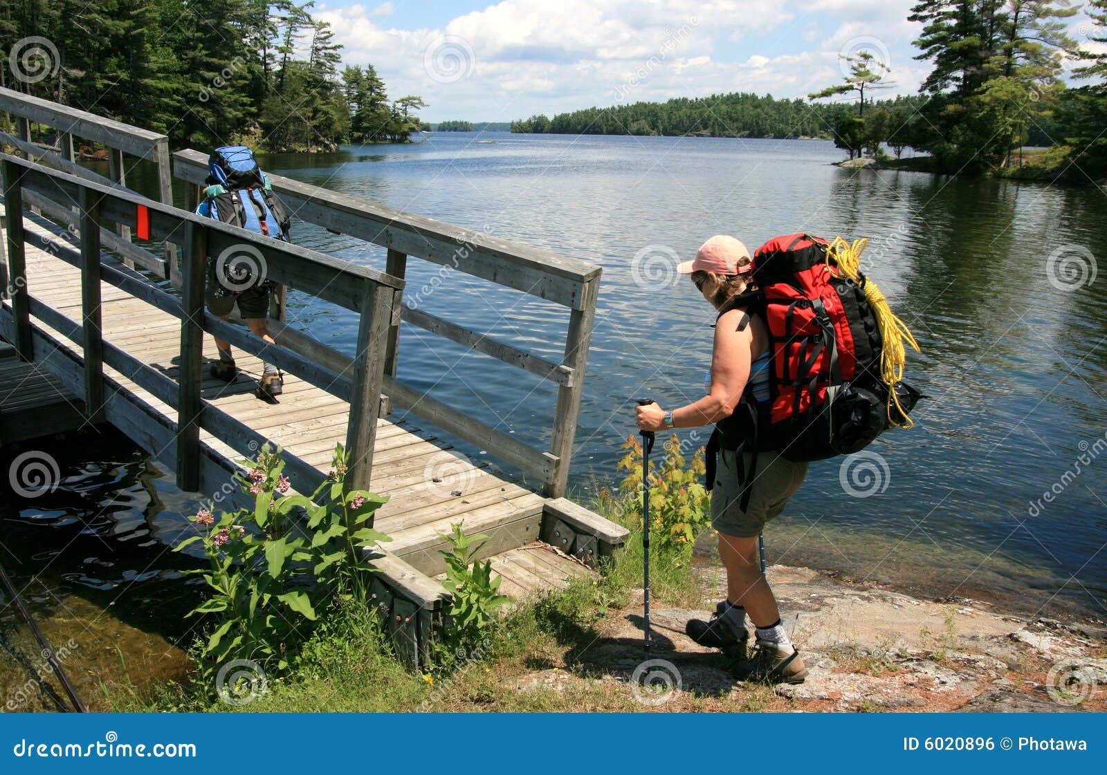 females backpacking across bridge