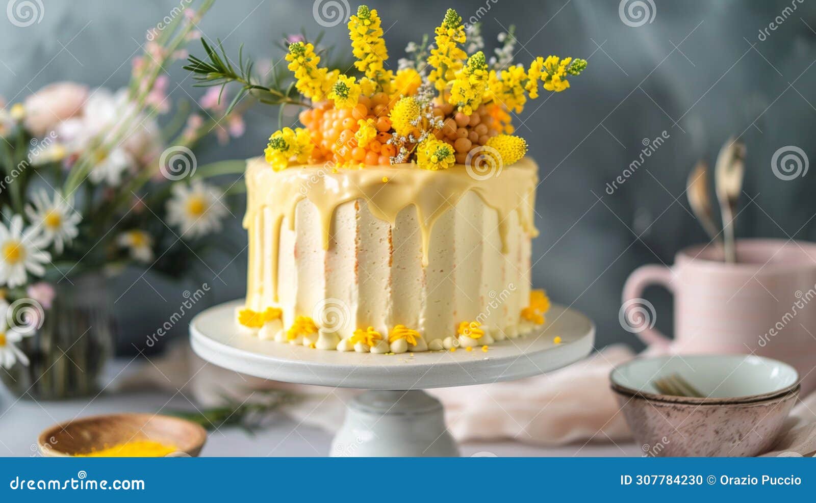 feminine taste: mimosa cake, artistic pastry creation for a sweet event