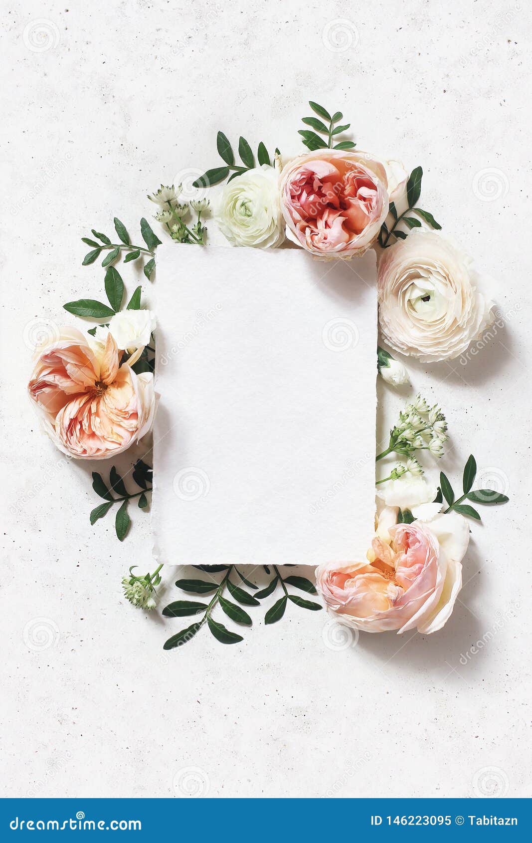 feminine wedding, birthday mock-up scene. blank paper greeting card. floral frame of blush pink english roses