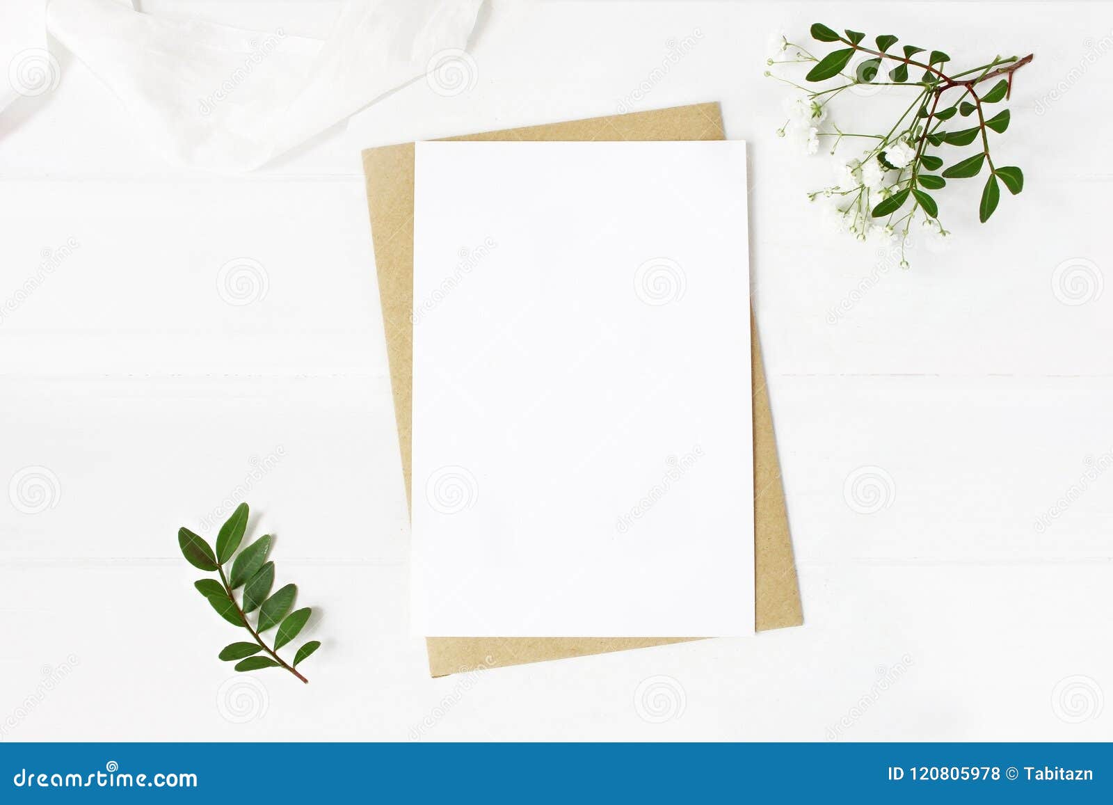 feminine wedding stationery, desktop mock-up scene. blank greeting card, craft envelope, baby`s breath flowers, silk