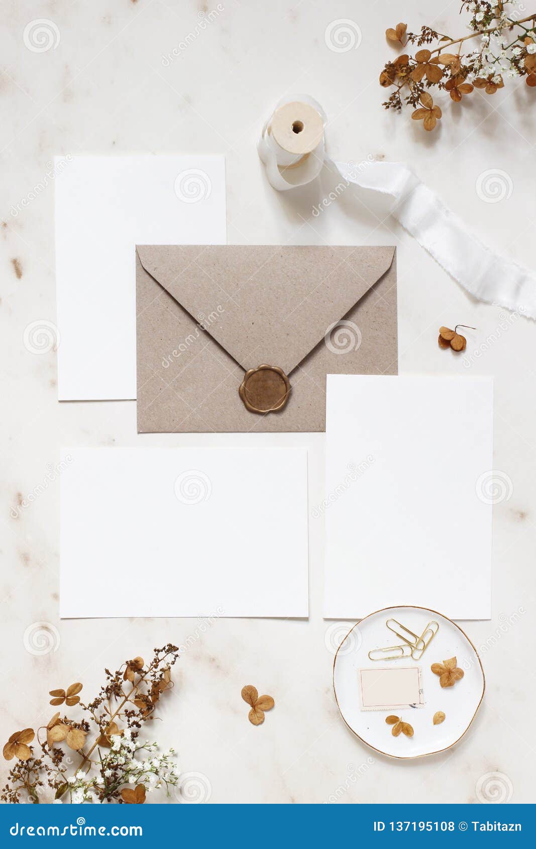 feminine winter wedding, birthday stationery mock-ups scene. blank greeting cards, envelope, wax seal, dry hydrangea and