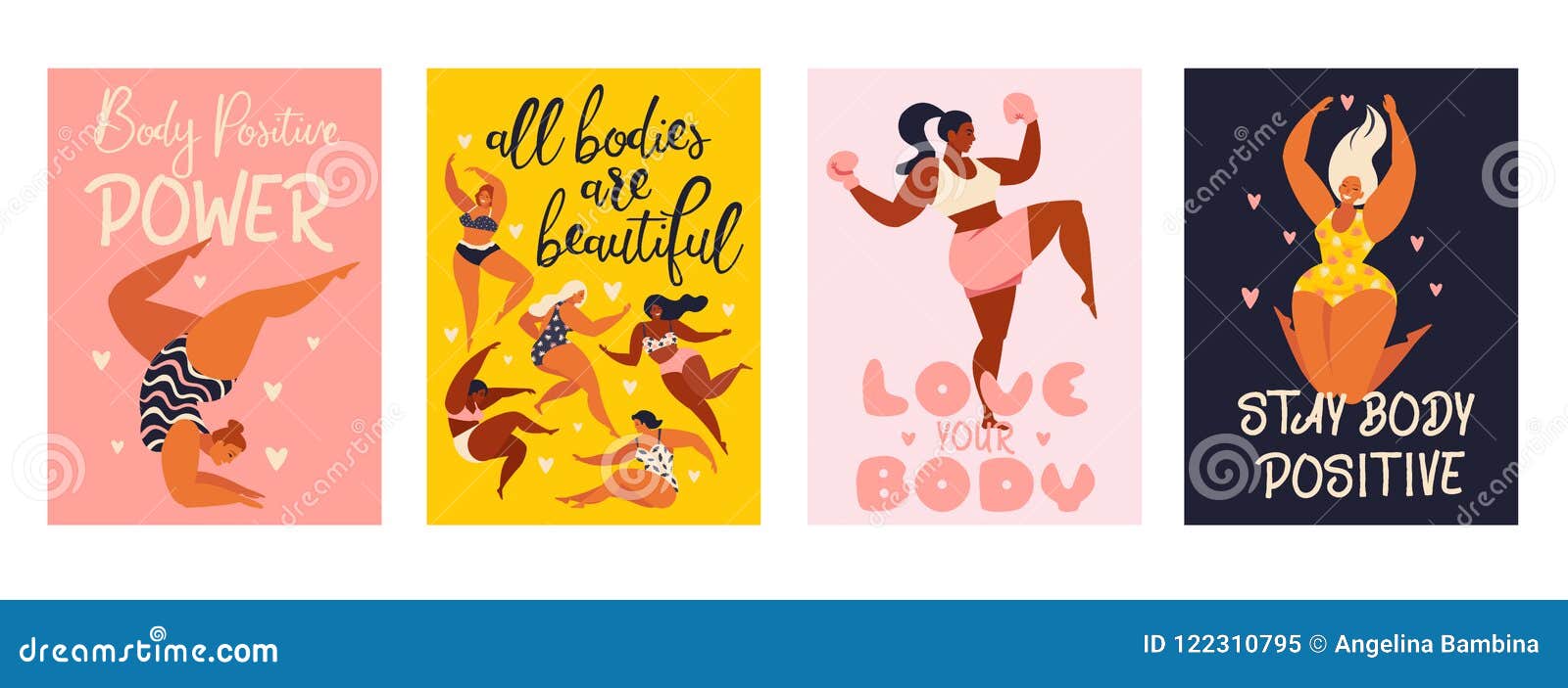 feminism body positive vertical cards with love to own figure, female freedom, girl power   .