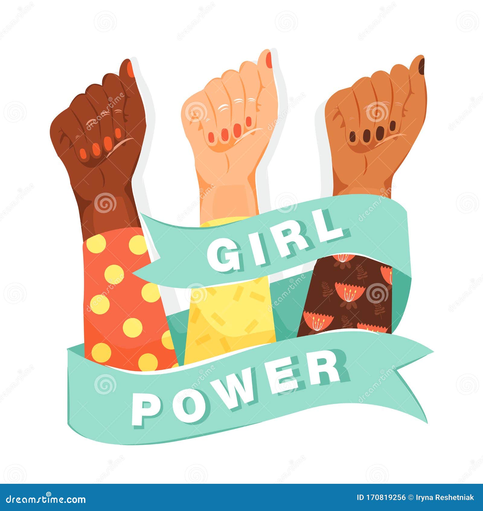 Feminism Girl Power Concept Feminism Symbol Woman`s Fists Showing Their Power With Ribbon And
