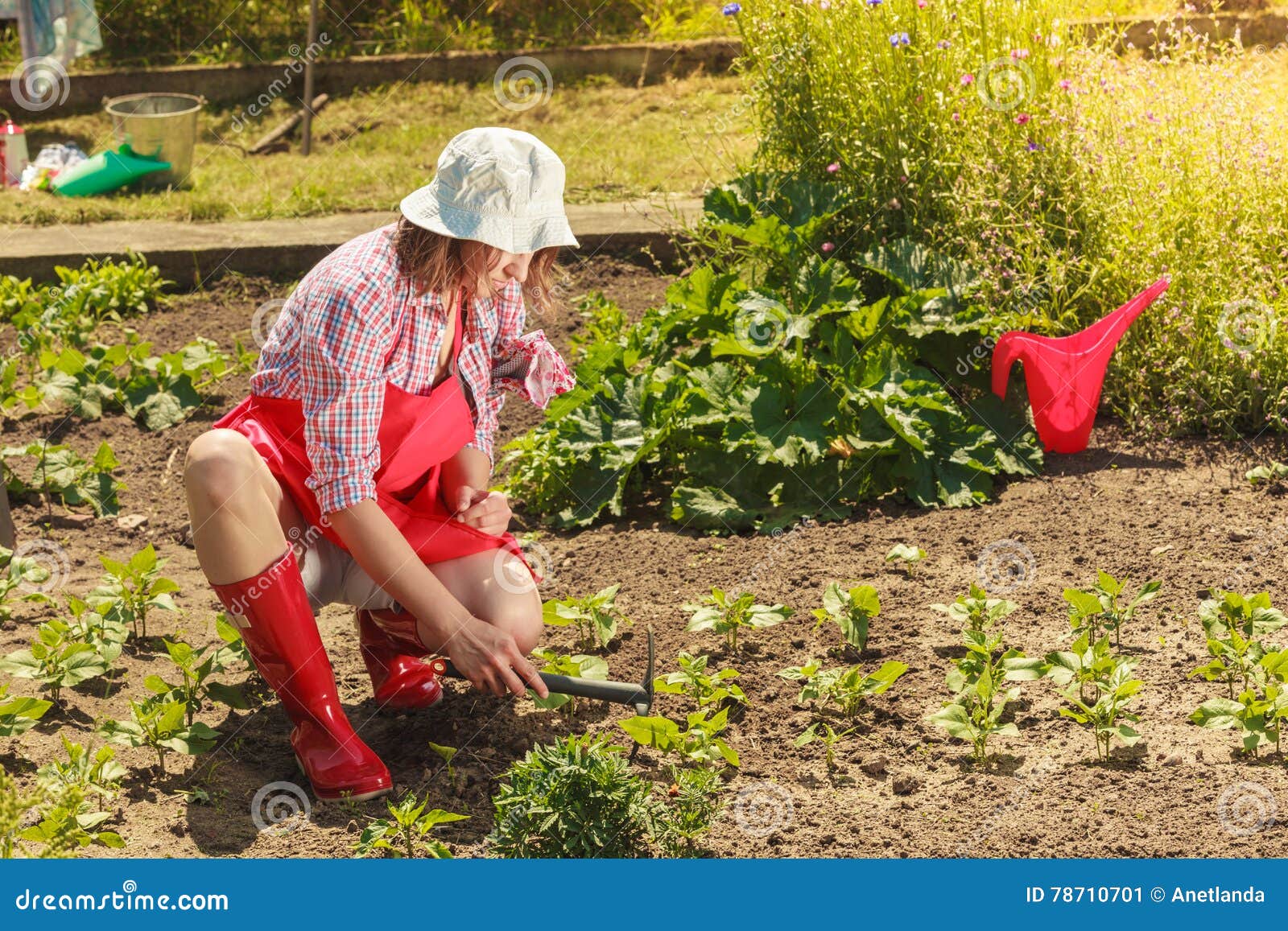 Femme Avec Des Outils De Jardinage Dans Un Lit De Fleurs De