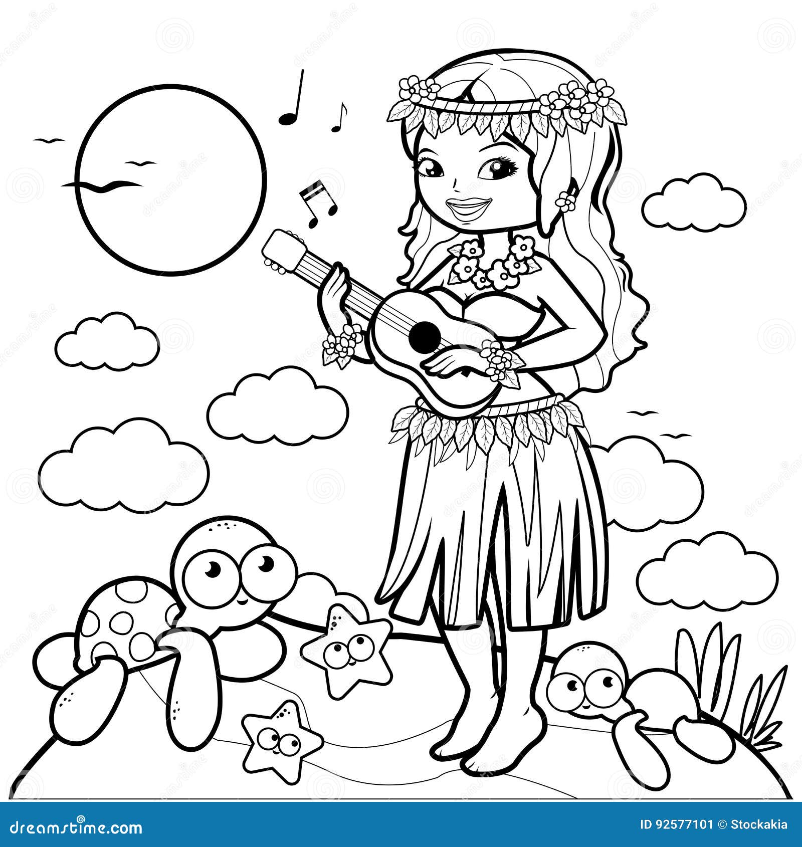 femme hawaienne jouant sa guitare sur une ile page de livre coloriage illustration vecteur du peinture starfish 92577101 plante pomme terre