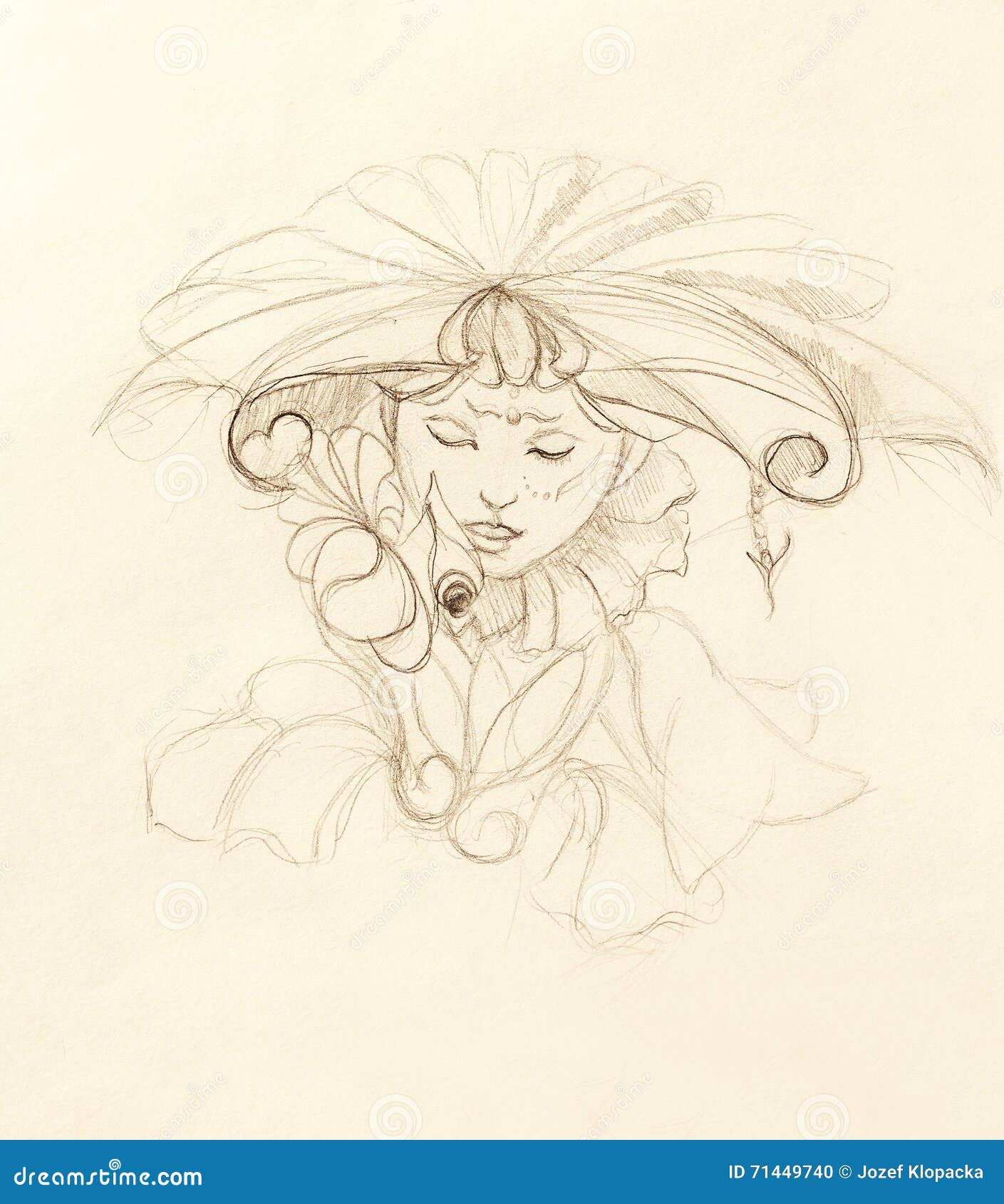 Femme Mystique Avec La Fleur Dessin Au Crayon Sur Le Papier