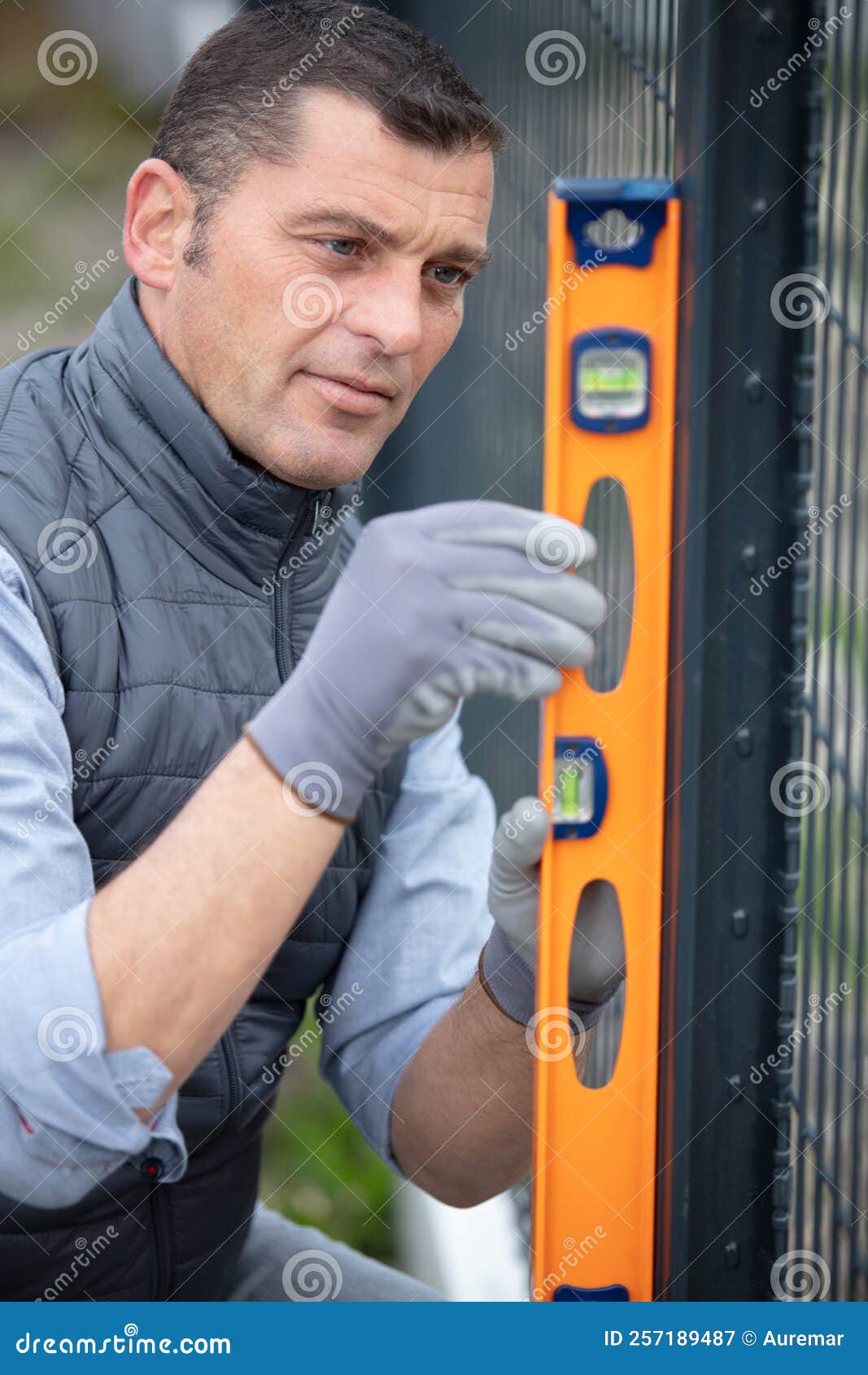 Fence Construction Worker Check Level Metal Post Stock Image Image