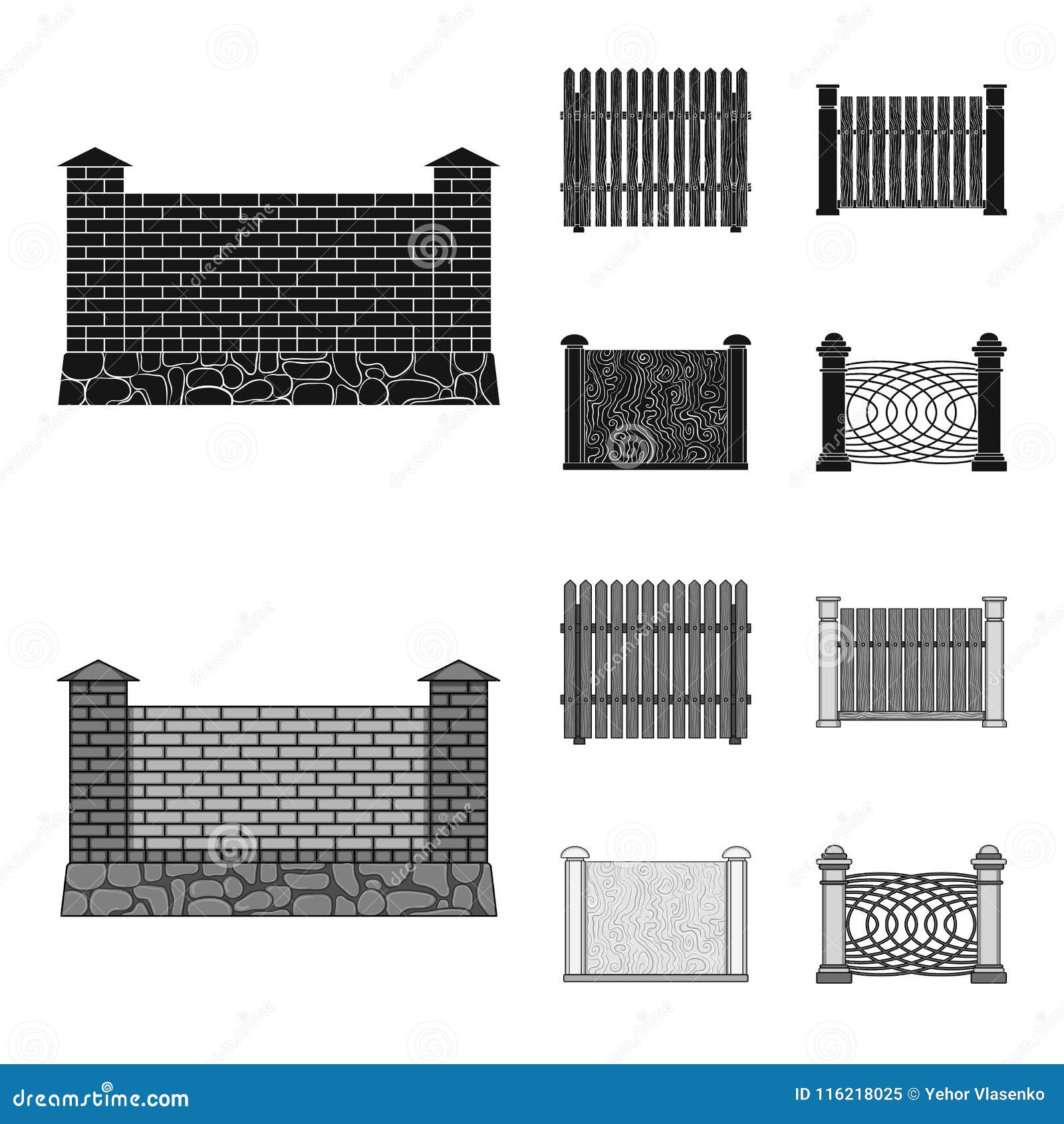 a fence of metal and bricks,wooden palisade. a different fence set collection icons in black,monochrom style 