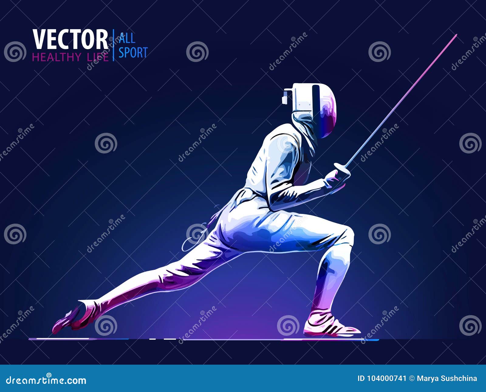 fencer. man wearing fencing suit practicing with sword. sports arena and lense-flares. neon effect.  .