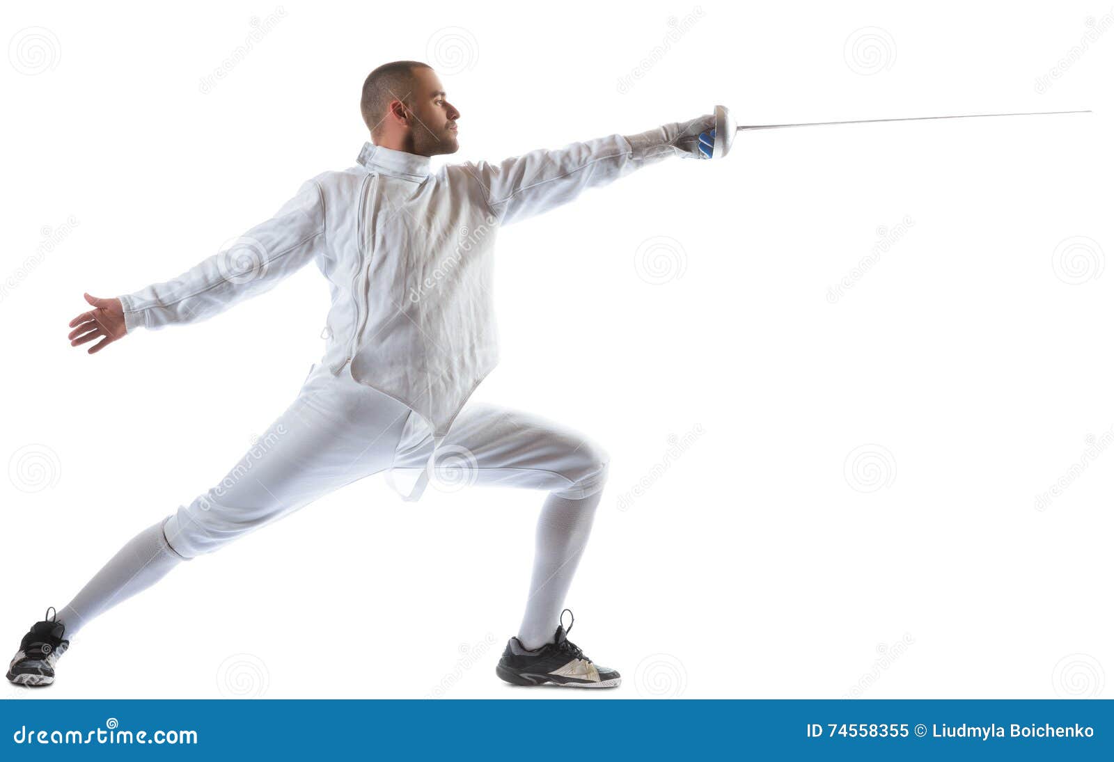 Fencing Athlete Wins the Competition Isolated in White Background Stock