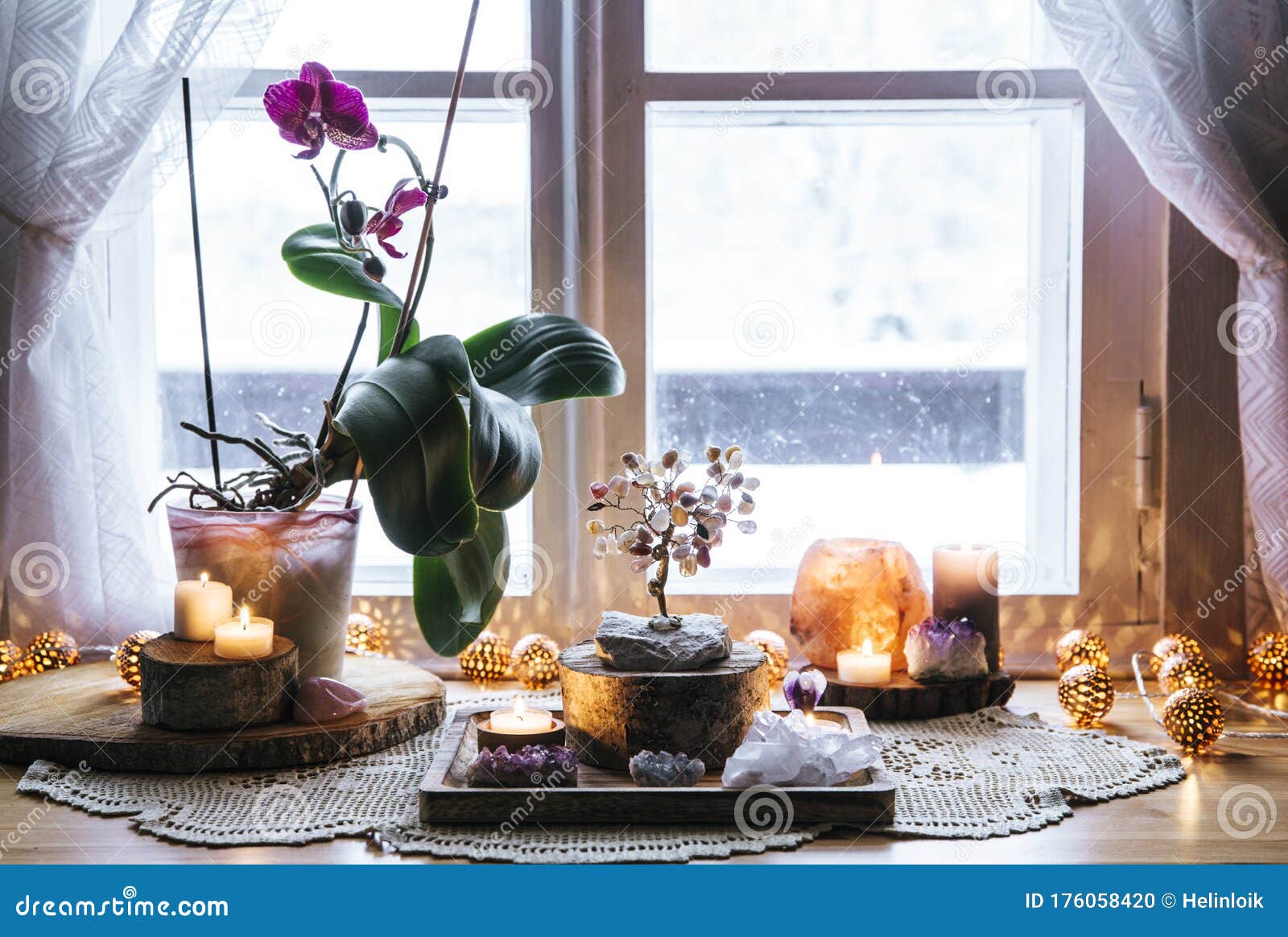 feng shui nature theme altar at home table and on window sill.