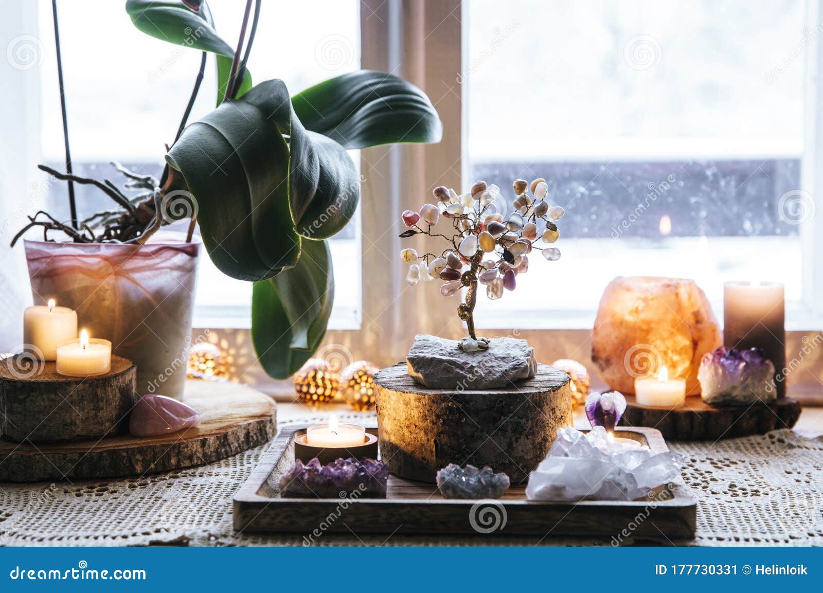 feng shui nature theme altar at home table and on window sill.