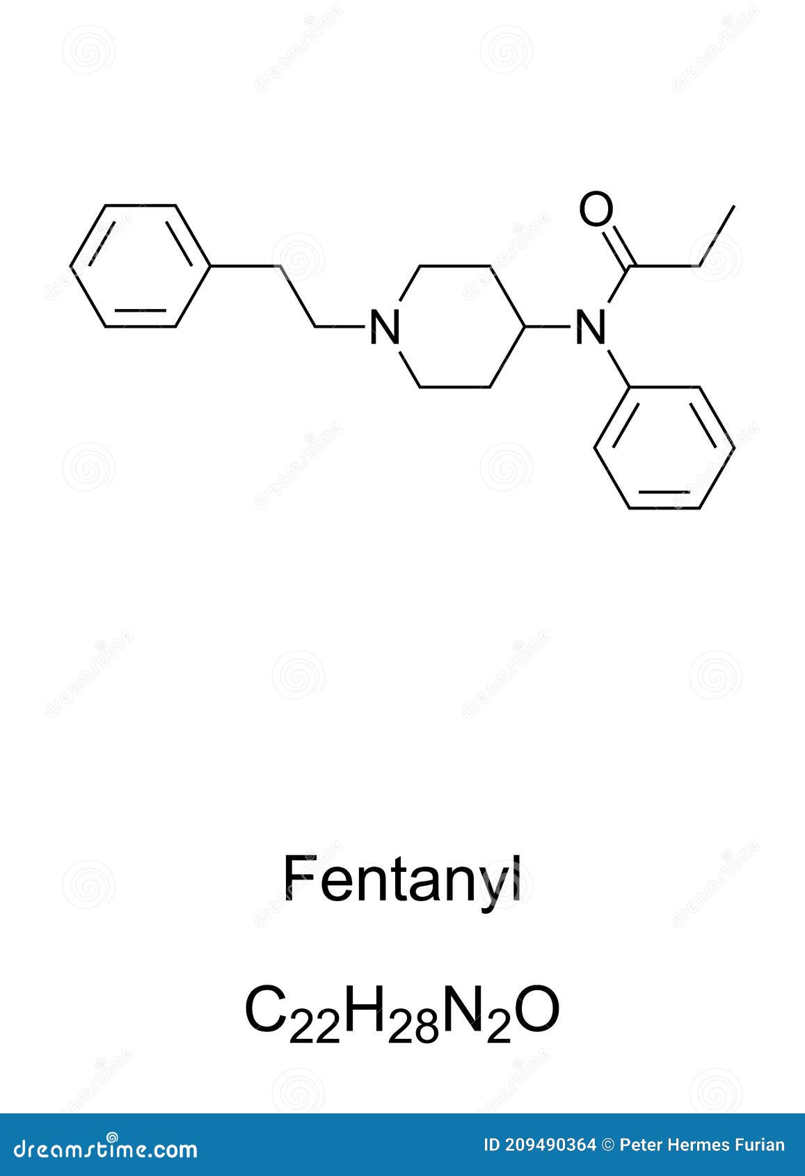 Fentanyl (fentanil) opioid analgesic drug, chemical structure. Conventional  skeletal formula and stylized representation, showing atoms (except  hydrogen) as color coded circles.