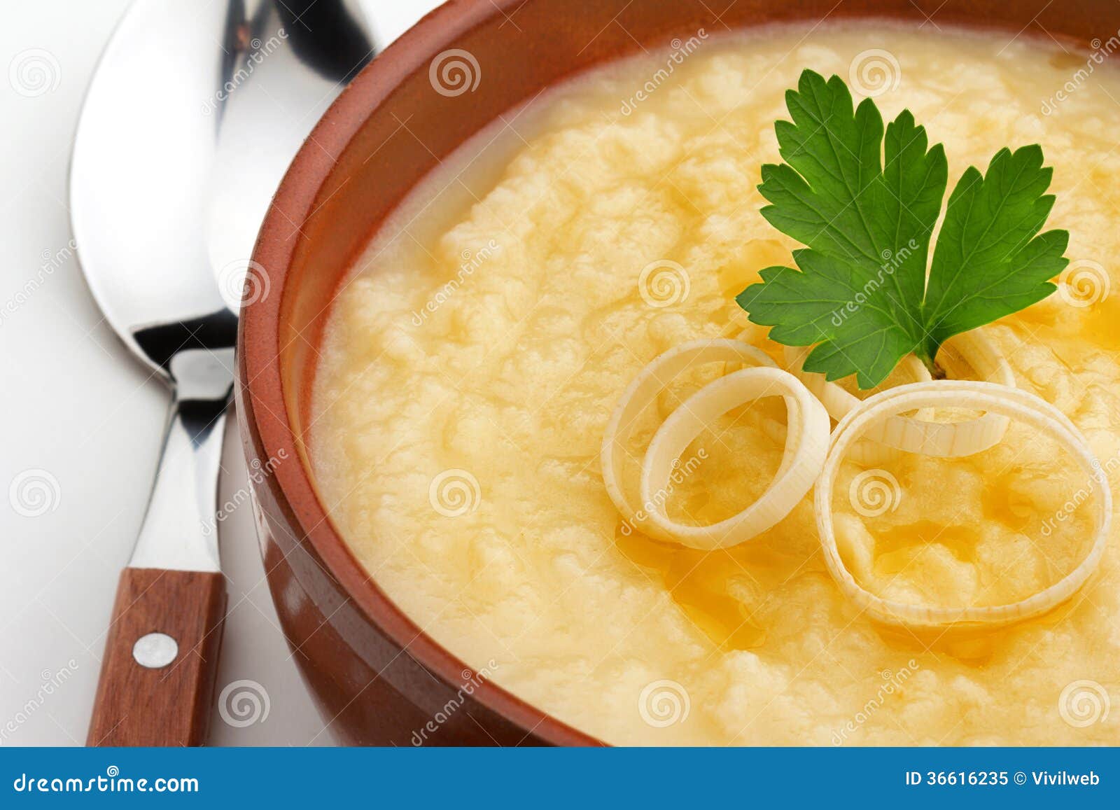 Fermez-vous de la soupe aux pommes de terre garnie avec le persil et le poireau