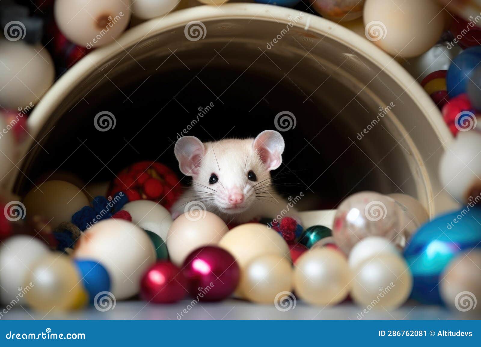 ferret peeking out from toy-filled tunnel