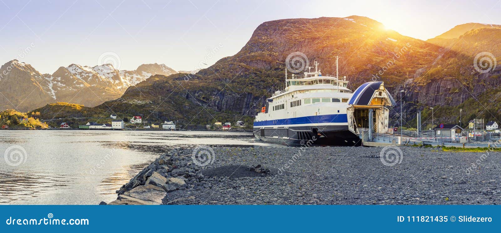 ferry arrival and unloading in moskenes, lofoten islands