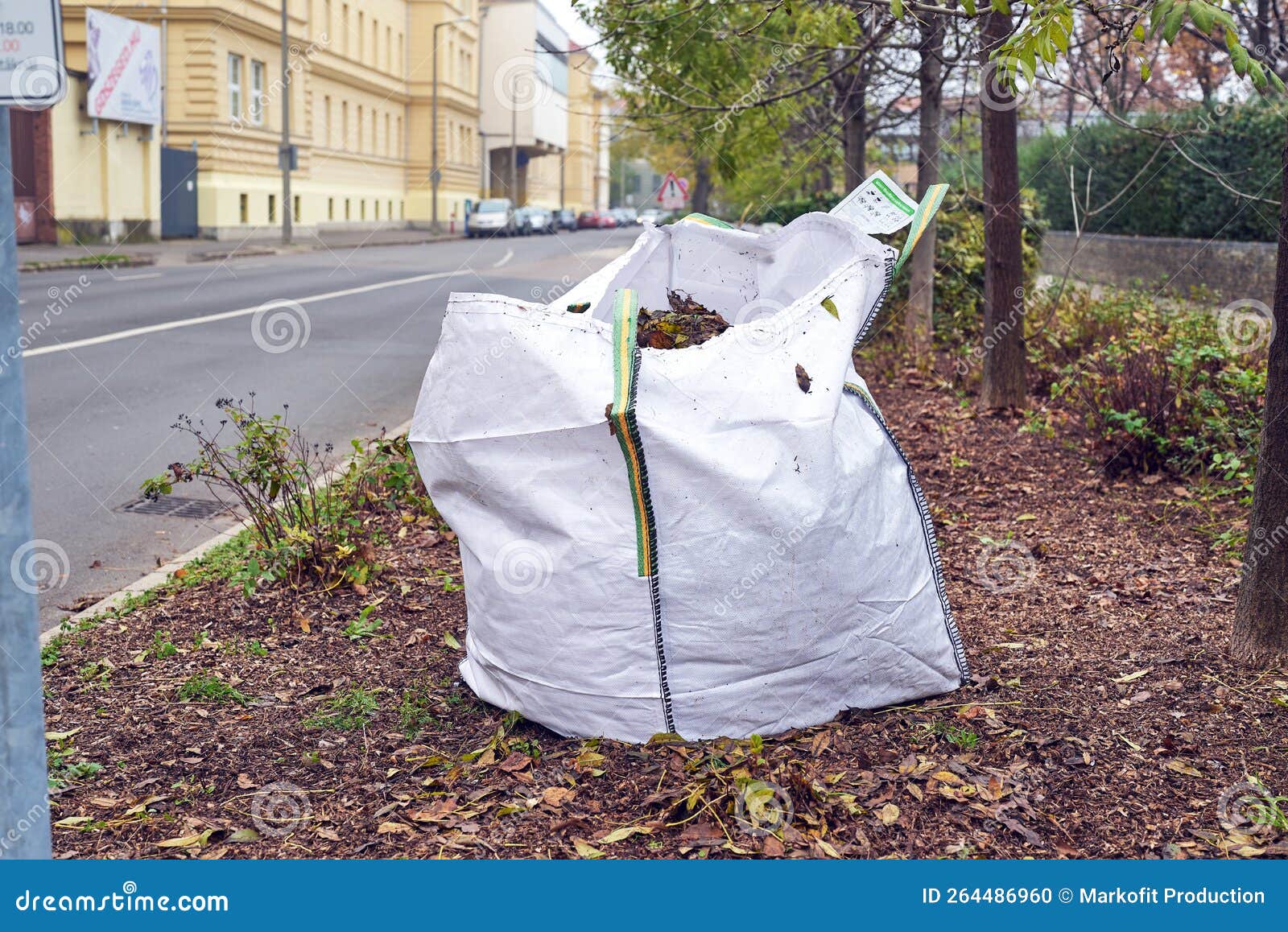 fertilizer in a white big sack from collected leaves in szeged, hungary