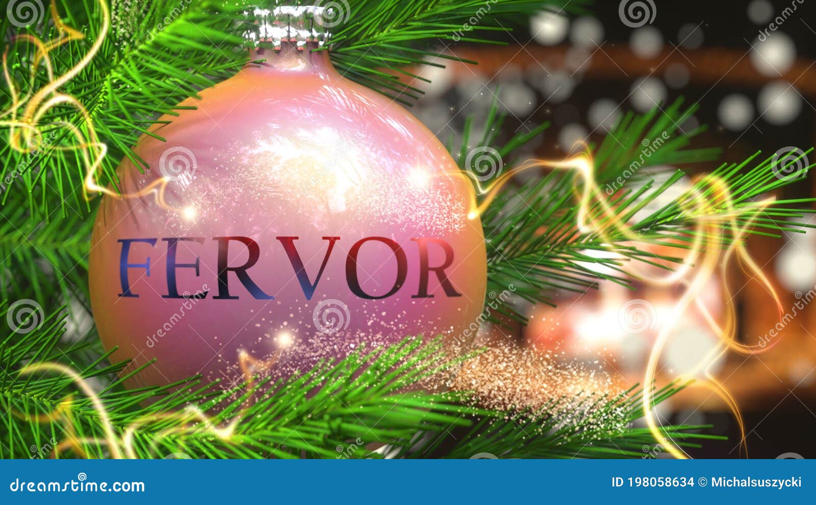 fervor and christmas holidays, pictured as a christmas ornament ball with word fervor and magic beams to ize the connection