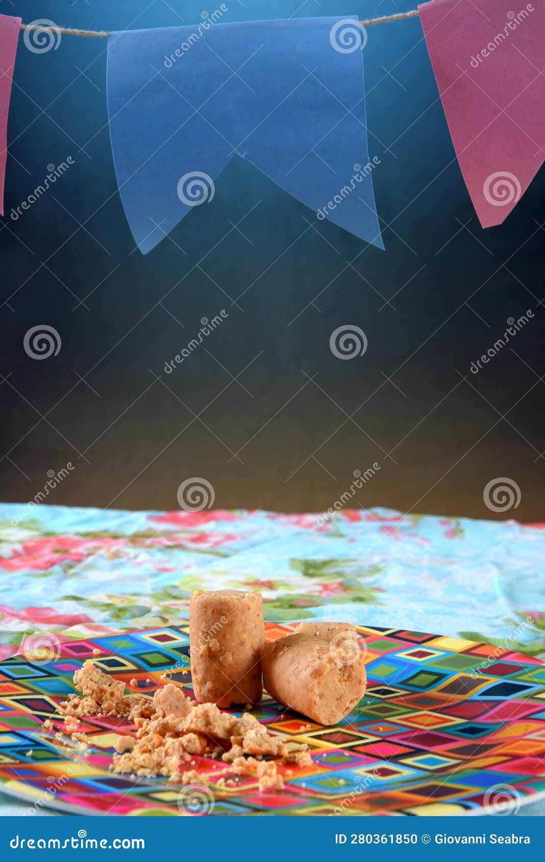 festa junina party background with peanuts and traditional sweets. brazilian summer harvest festival concept. flags and typical
