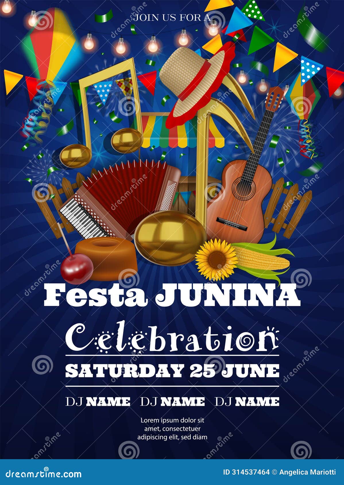 festa junina party poster with gold music notes, instruments, sunflowers, corn cobs and wicker hat