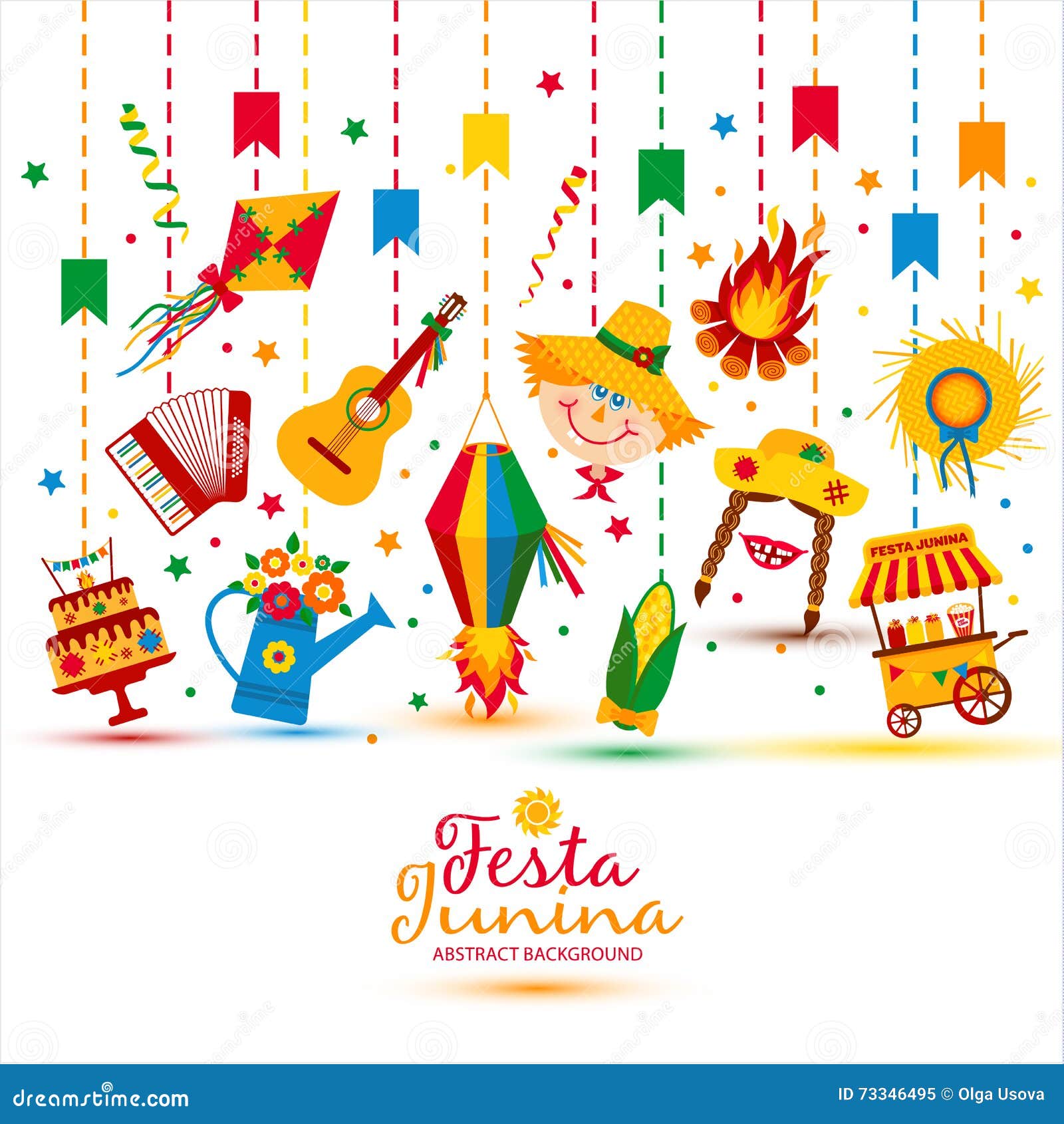 festa junina village festival in latin america. icons set in bright color.