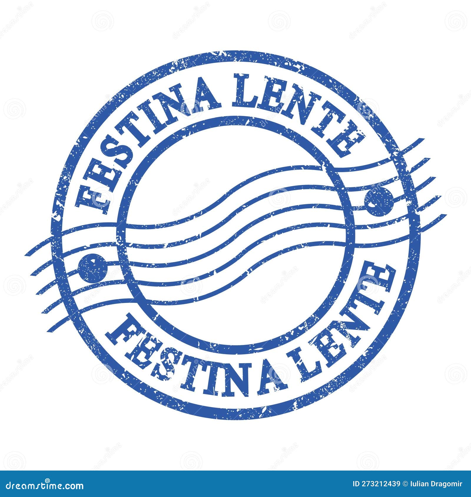 festina lente, text written on blue postal stamp