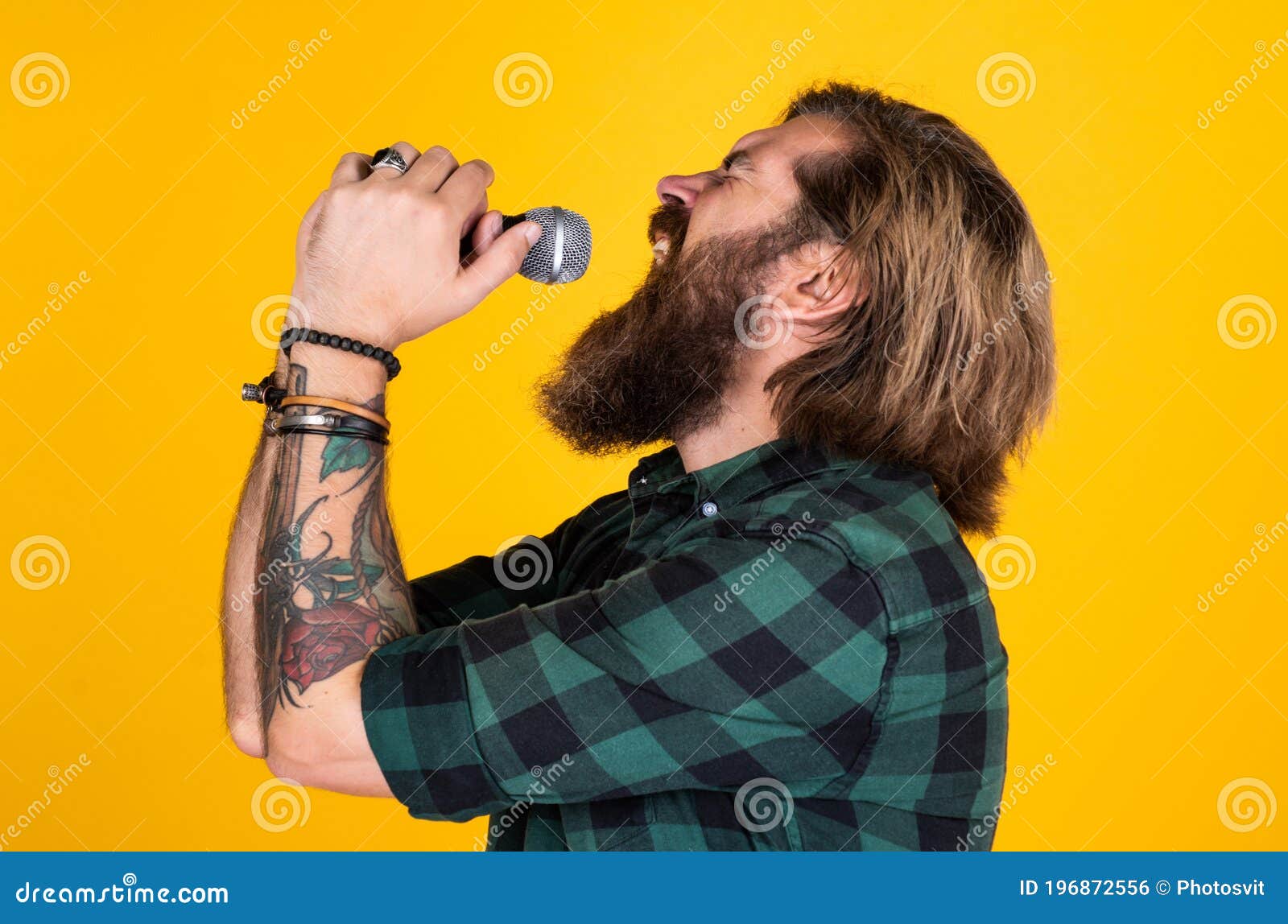 Festival De Rock Escola Vocal Brutal E Rocha Homem Barbudo Usa Camisa  Vestida Cantando Música Cantor Masculino Com Microfone Foto de Stock -  Imagem de retrato, barbudo: 196872556