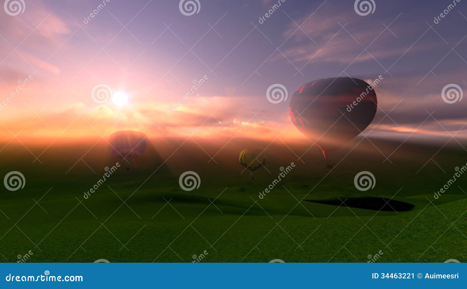 Festival di mongolfiera nel tramonto. 3D per il festival di mongolfiera sopra le montagne nel tramonto