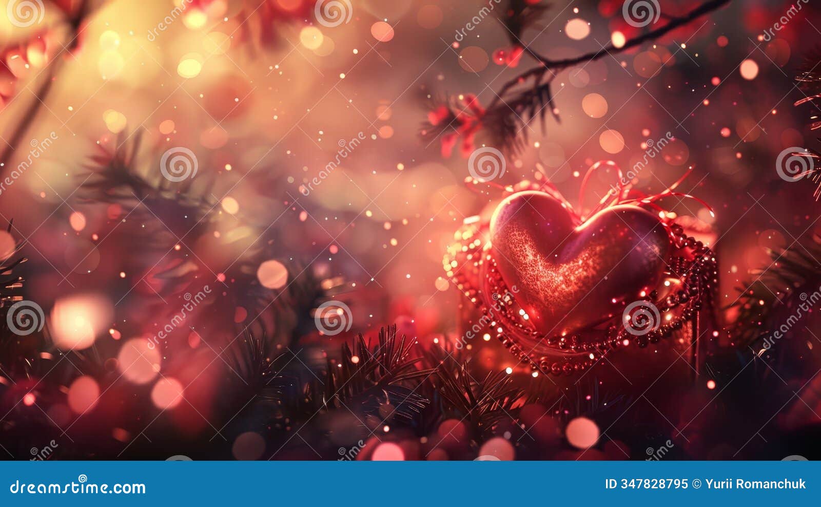 festive background with heart adorned gift box surrounded by soft bokeh lights for holiday cheer
