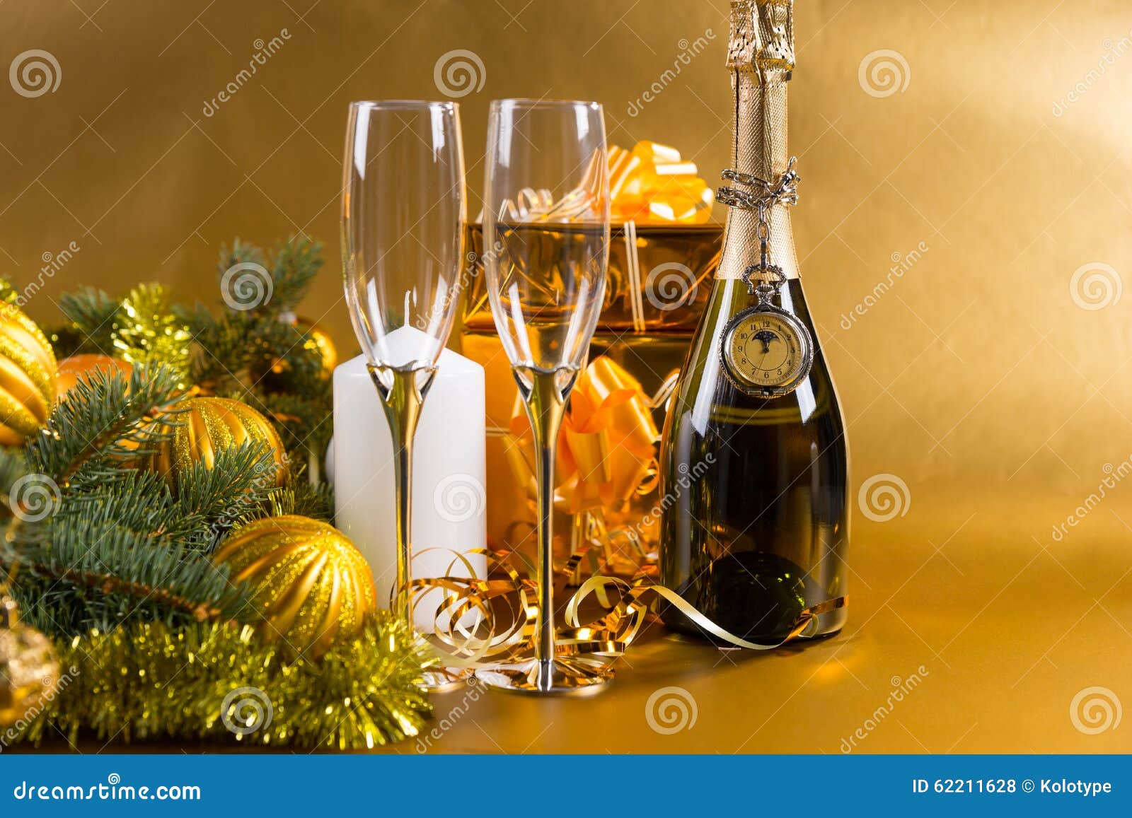 Festive Bottle of Champagne with Glasses and Gifts Stock Photo - Image ...