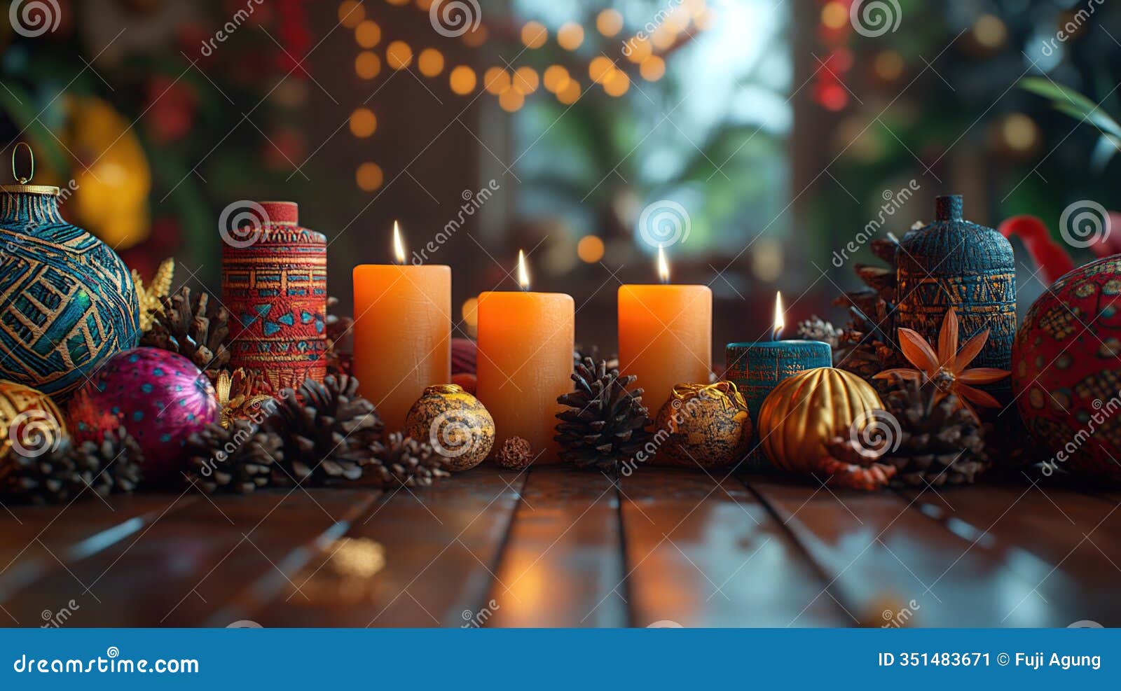 festive candles, ornaments, and pine cones on a wooden surface with a bokeh background